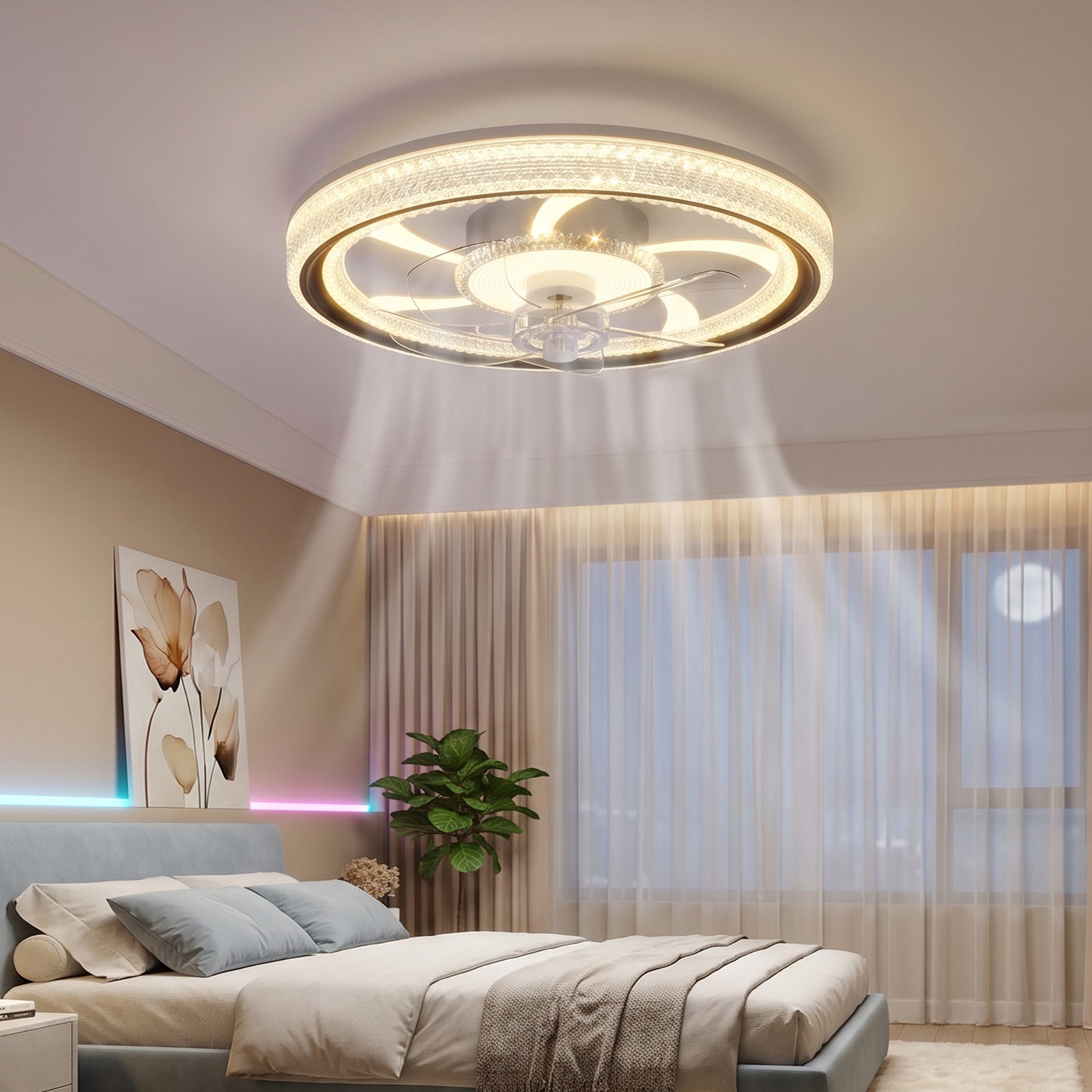oyajia Deckenventilator 75W Leise Deckenventilator, RGB Farbwechsel LED Deckenleuchte 50cm, APP Dimmbar LED Deckenventilator Leuchte für Schlafzimmer Küche Hotel