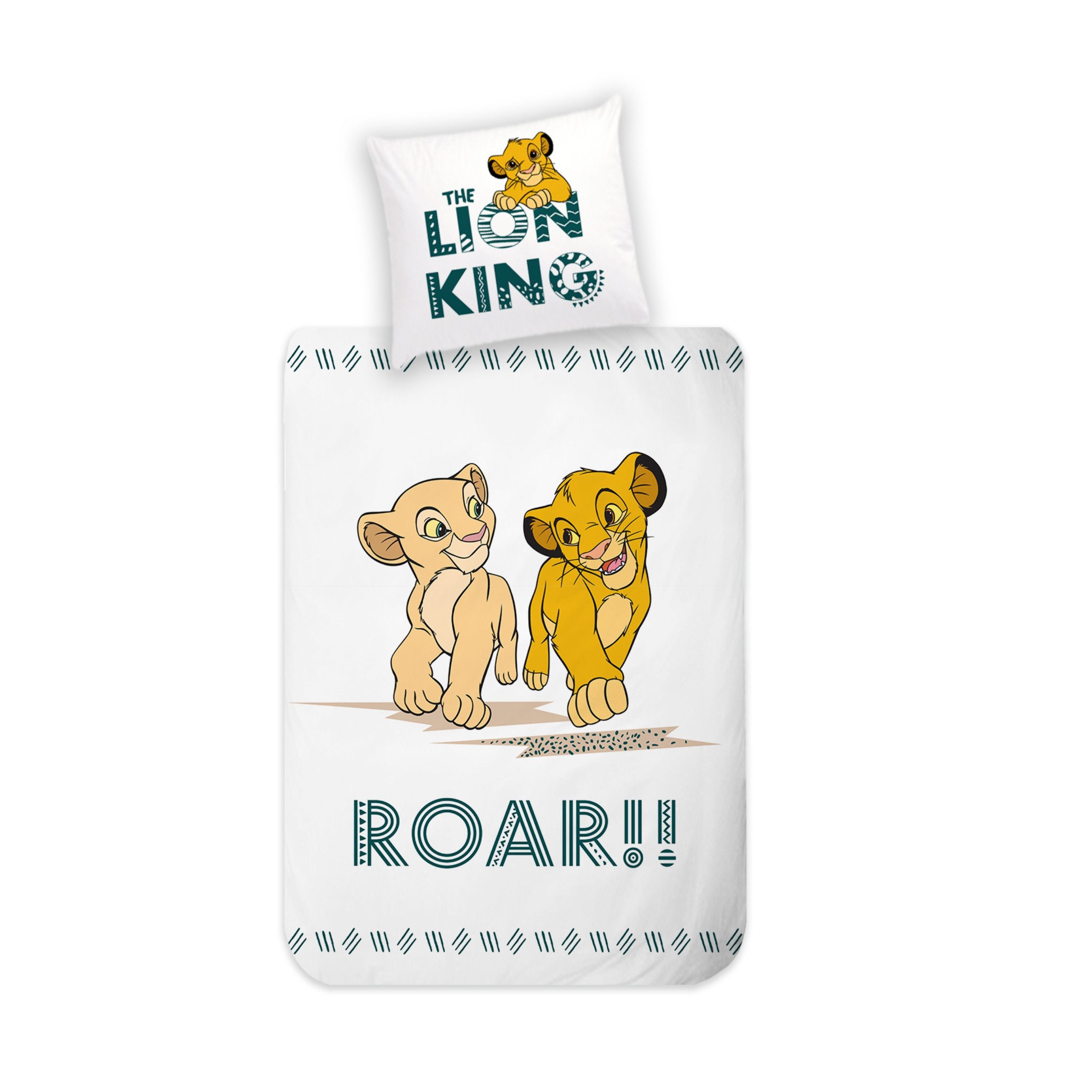 MTOnlinehandel Kinderbettwäsche König der Löwen 135x200 + 80x80 cm, 100 % Baumwolle, Renforcé, 2 teilig, Wende-Motiv für Kinder • Simba & Nala • Lion King