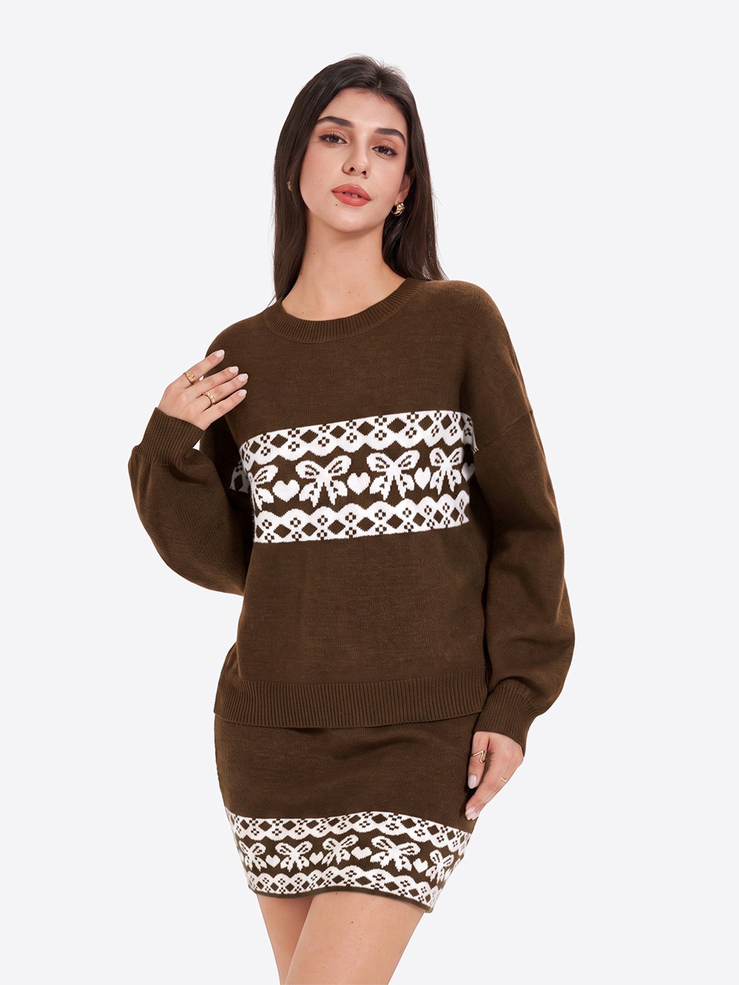 Imily Bela Hausanzug Damen Zweiteiliges Strickset mit Schleifenmuster (Set, 2 tlg., Rundhalspullover + kurzem Rock) mit Rundhals
