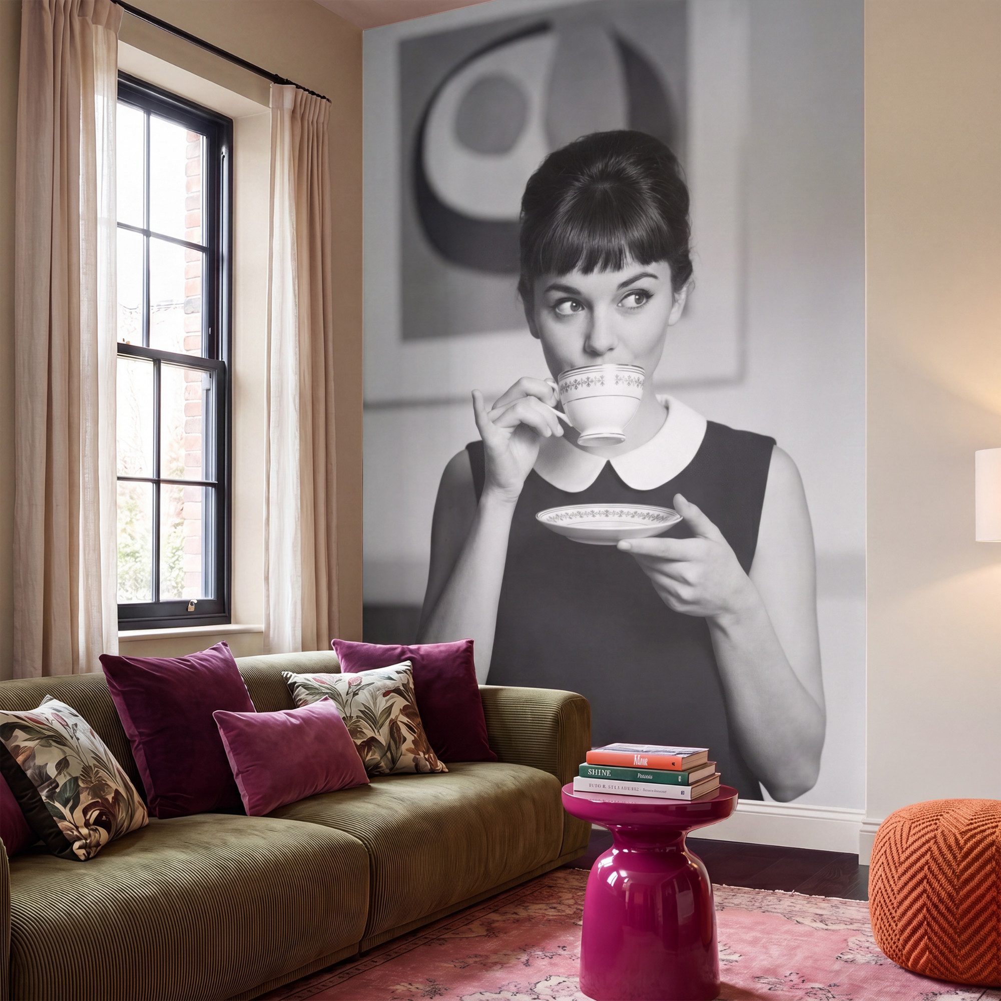 OnlyWow Fototapete Porträt - Tee - Frau, Matt, bedruckt, Wohnzimmer, Modern, Wanddekoration 180x300cm