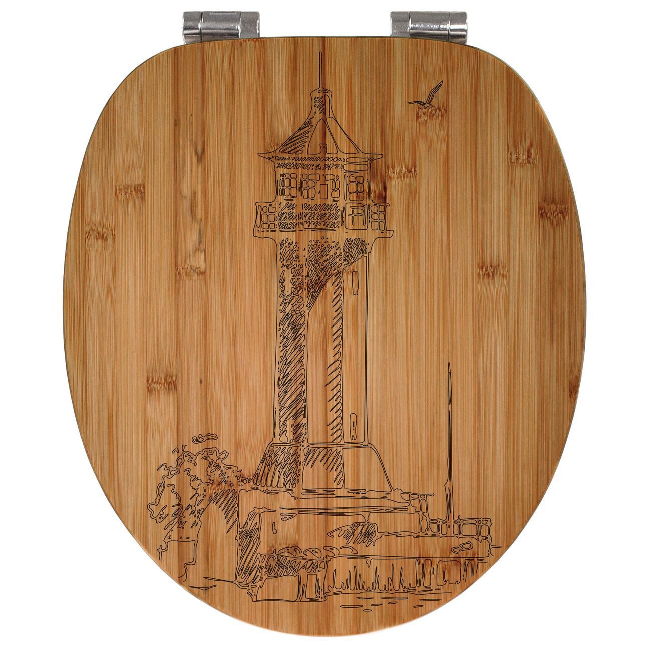 banjado WC-Sitz Bambus mit Gravur Leuchtturm 5 (umweltfreundliches Material, integrierte Absenkautomatik), 45,8 x 37,5 x 5 cm
