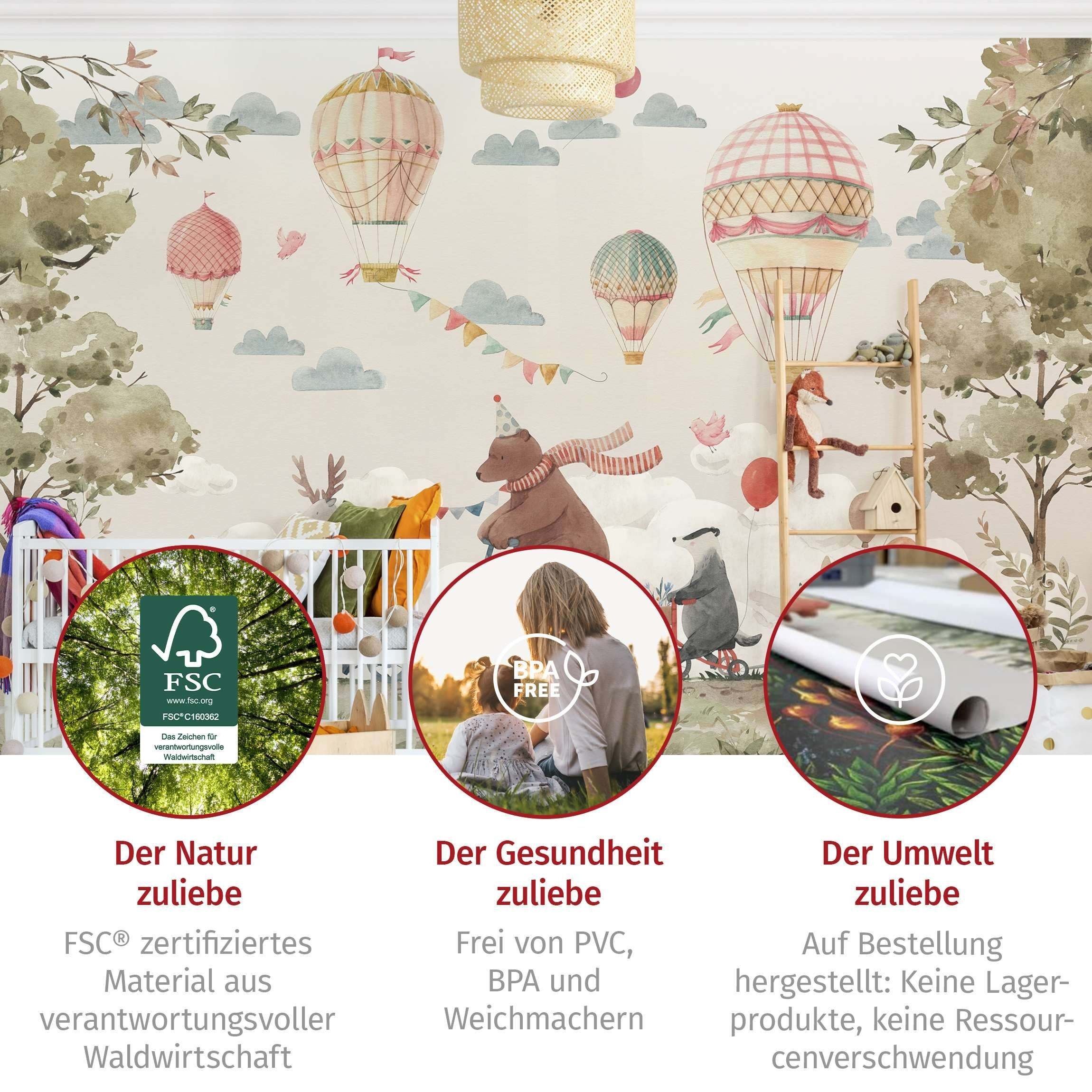 Bilderdepot24 Kindertapete Tierfreunde Rad Aquarell Illustration Kinder Tiere bunt modern, Glatt, Matt, (Vliestapete inkl. Kleister oder selbstklebend), Mädchen – Bild 5 von 5