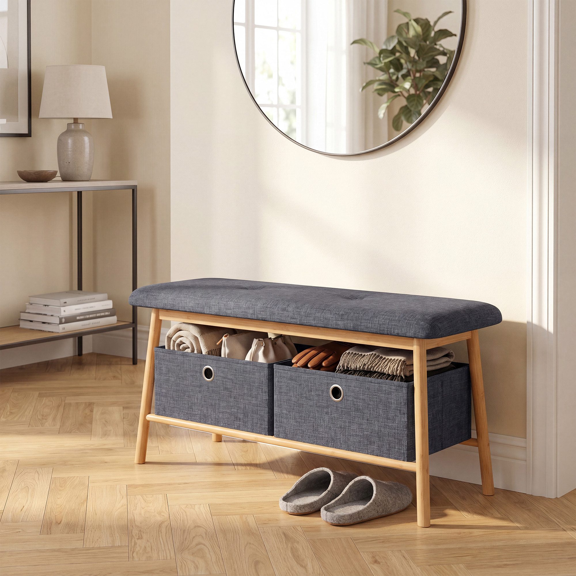 en.casa Sitzbank, »Vad« 90x30x45 cm gepolsterte Sitzfläche Bambusgestell Natur/Grau