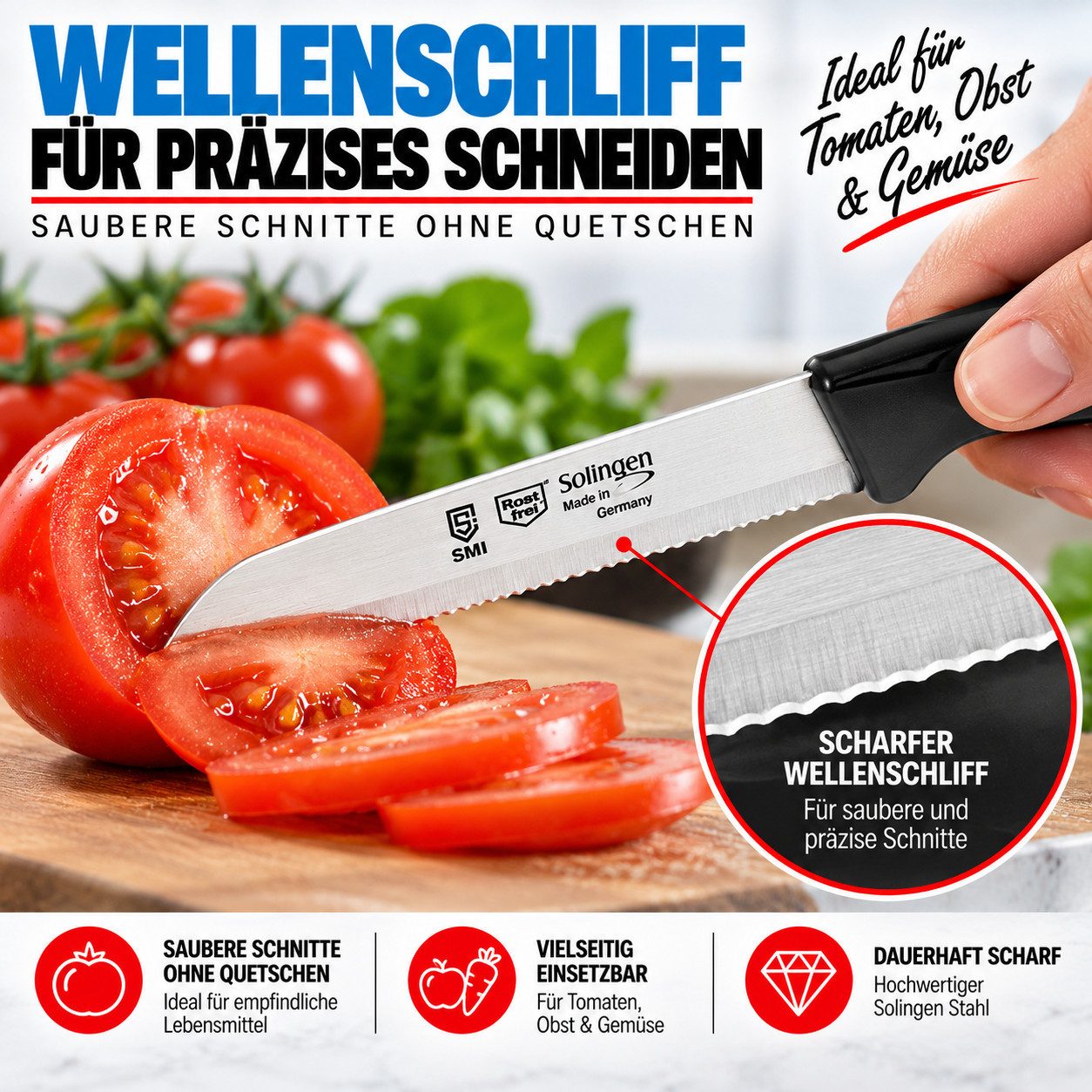 SMI Gemüsemesser 6-tlg Solingen Gemüsemesser Set Schälmesser Obstmesser Küchenmesser, Klinge mit Wellenschliff – Bild 4 von 5