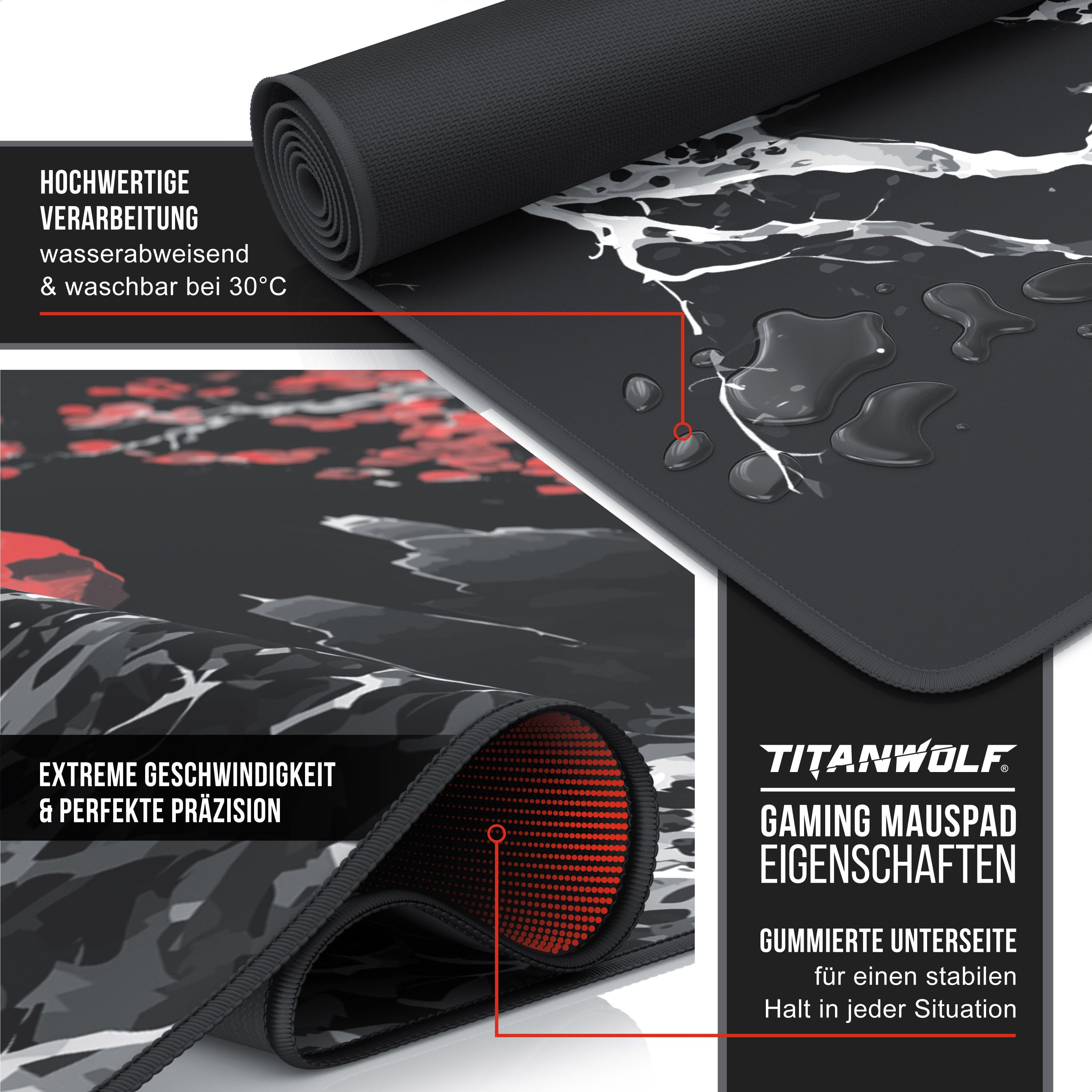 Titanwolf Gaming Mauspad XXXL Speed Mousepad 1200 x 600 x 3 mm, große Schreibtischauflage, rutschfest, abwaschbar, Geschwindigkeit & Präzision, Japan Ink Black