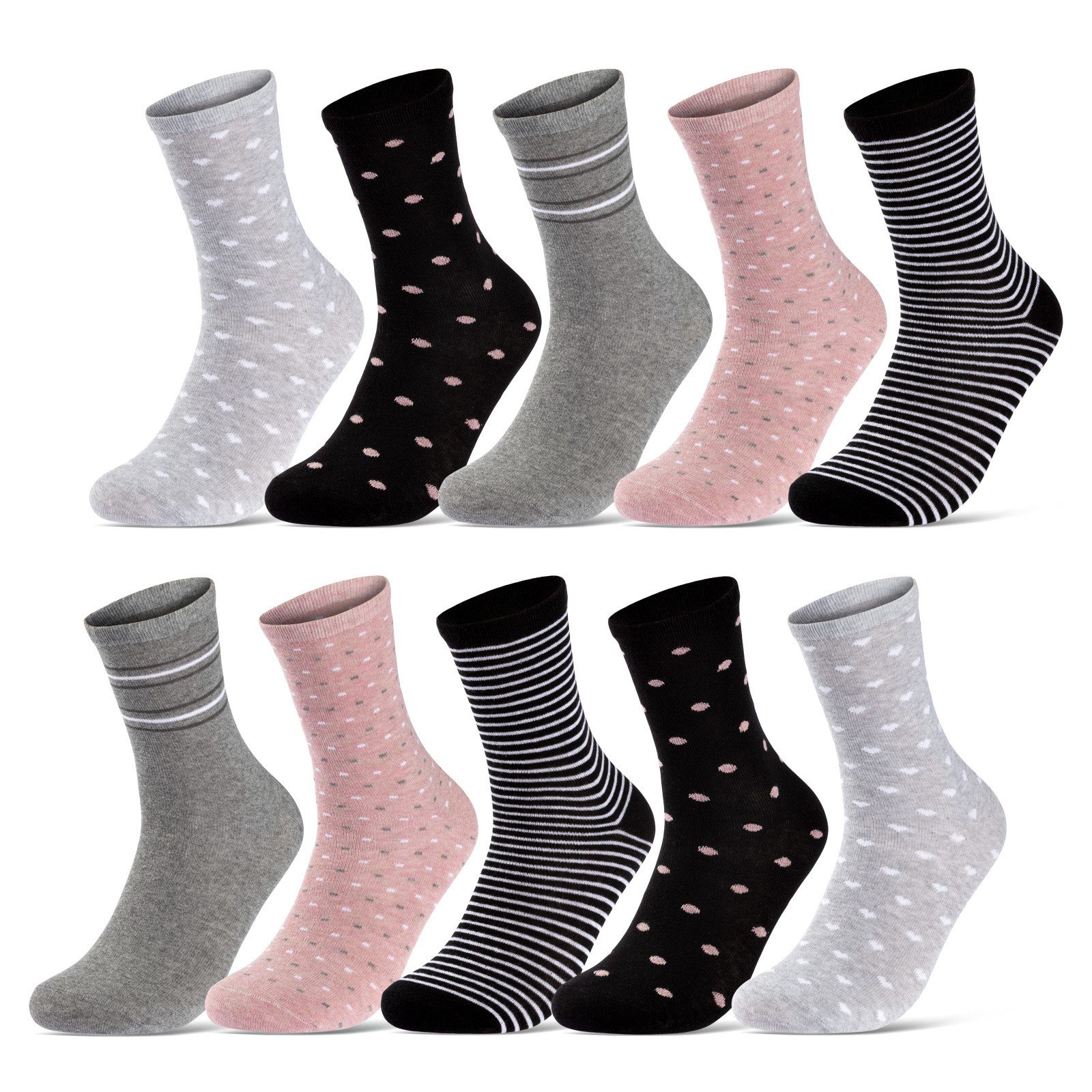 sockenkauf24 Basicsocken 10 Paar Damen Socken Mehrfarbig Streifen Punkte (34974/2, 35-38) Herzen Maritim Baumwolle