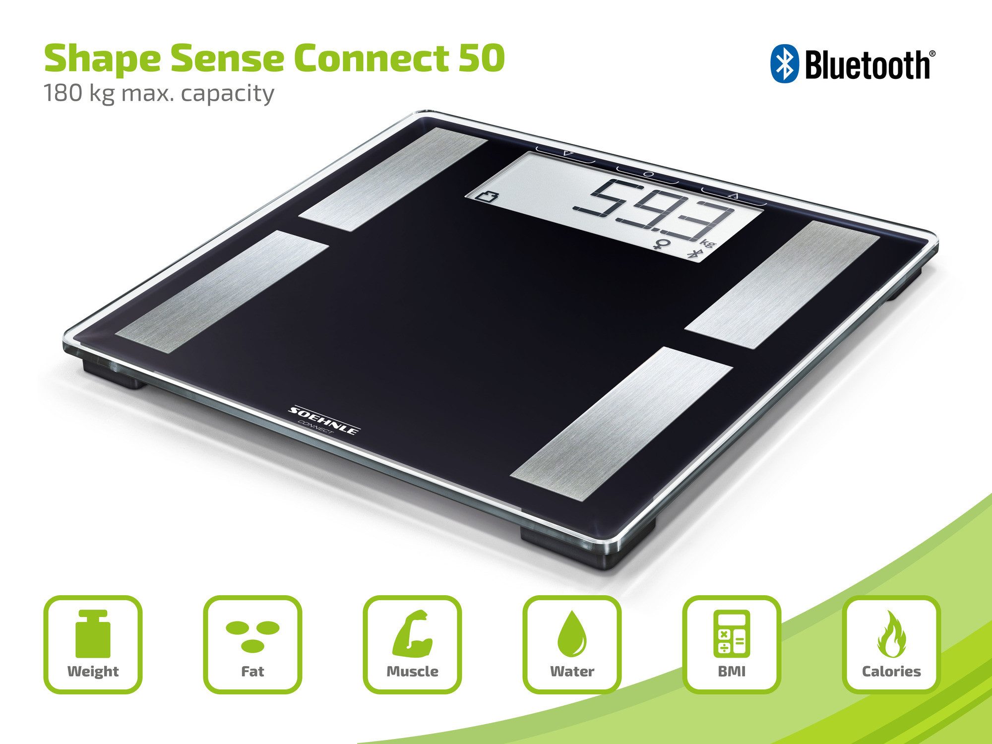 Soehnle Personenwaage Shape Sense Connect 50 mit Bluetooth®, 1-tlg., Körperanalyse (BIA), BMI Berechnung, bis 180kg, für bis zu 8 Personen