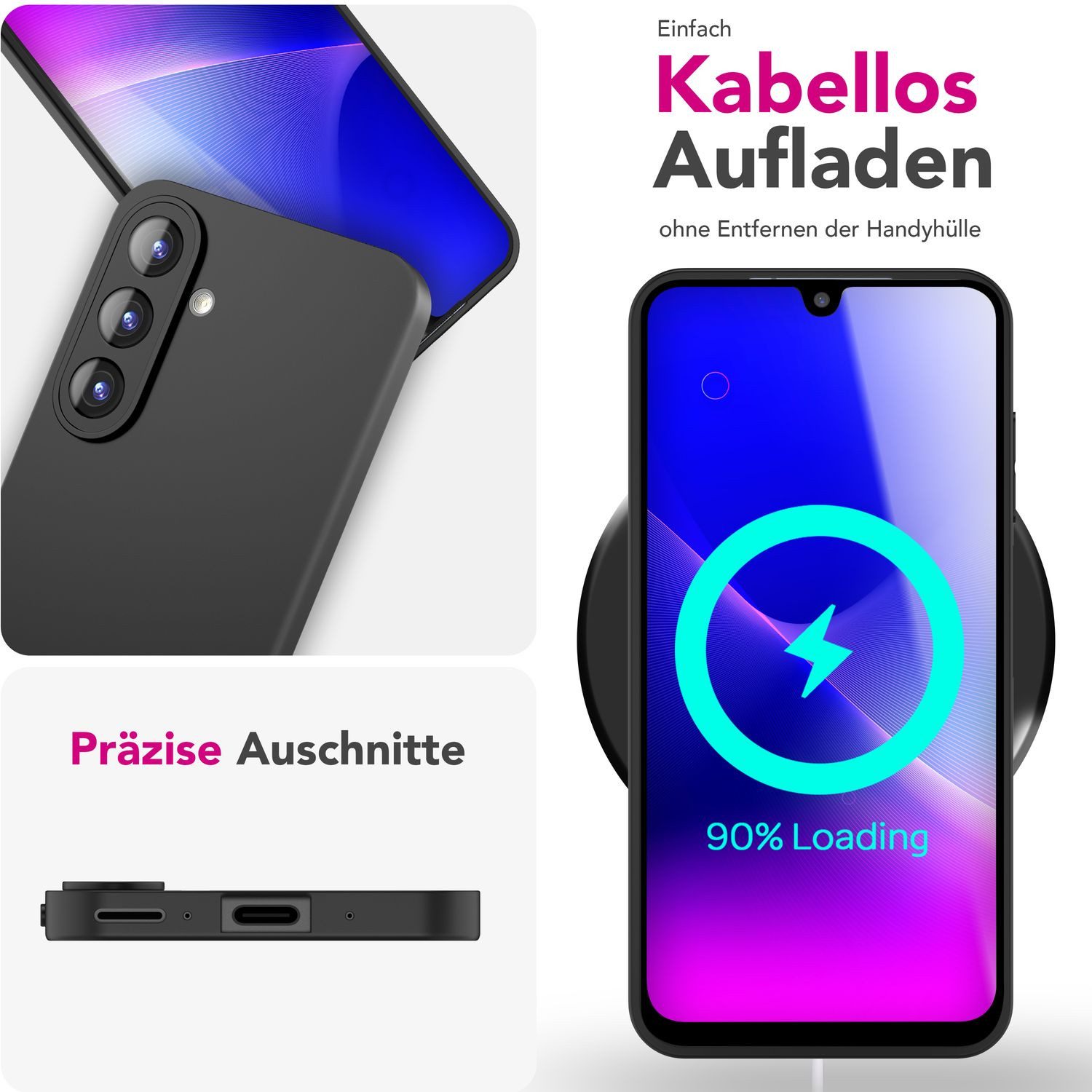 Nalia Smartphone-Hülle Samsung Galaxy A26 17 cm (6,7 Zoll), Blackout Look / 1,28mm Dünn / Staubschutz Kappen / Mattes TPU Silikon – Bild 3 von 5