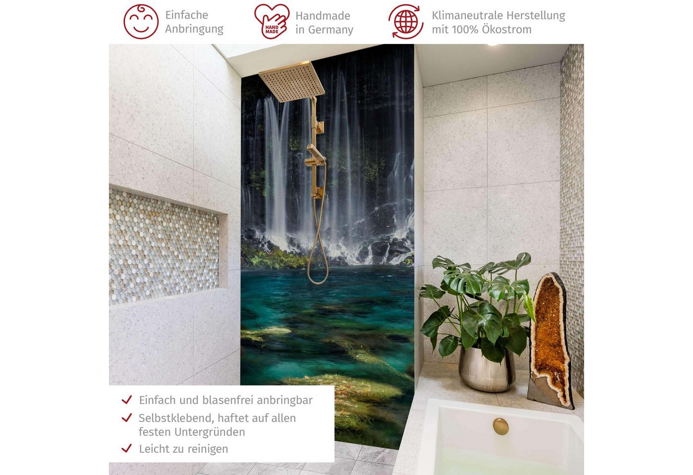 Thumbnail - Bilderdepot24 Badrückwand Wasserfall petrol Duschrückwand ohne Bohren Wald Natur, (1-tlg., Hart-Folie Premium matt 0,61 ...