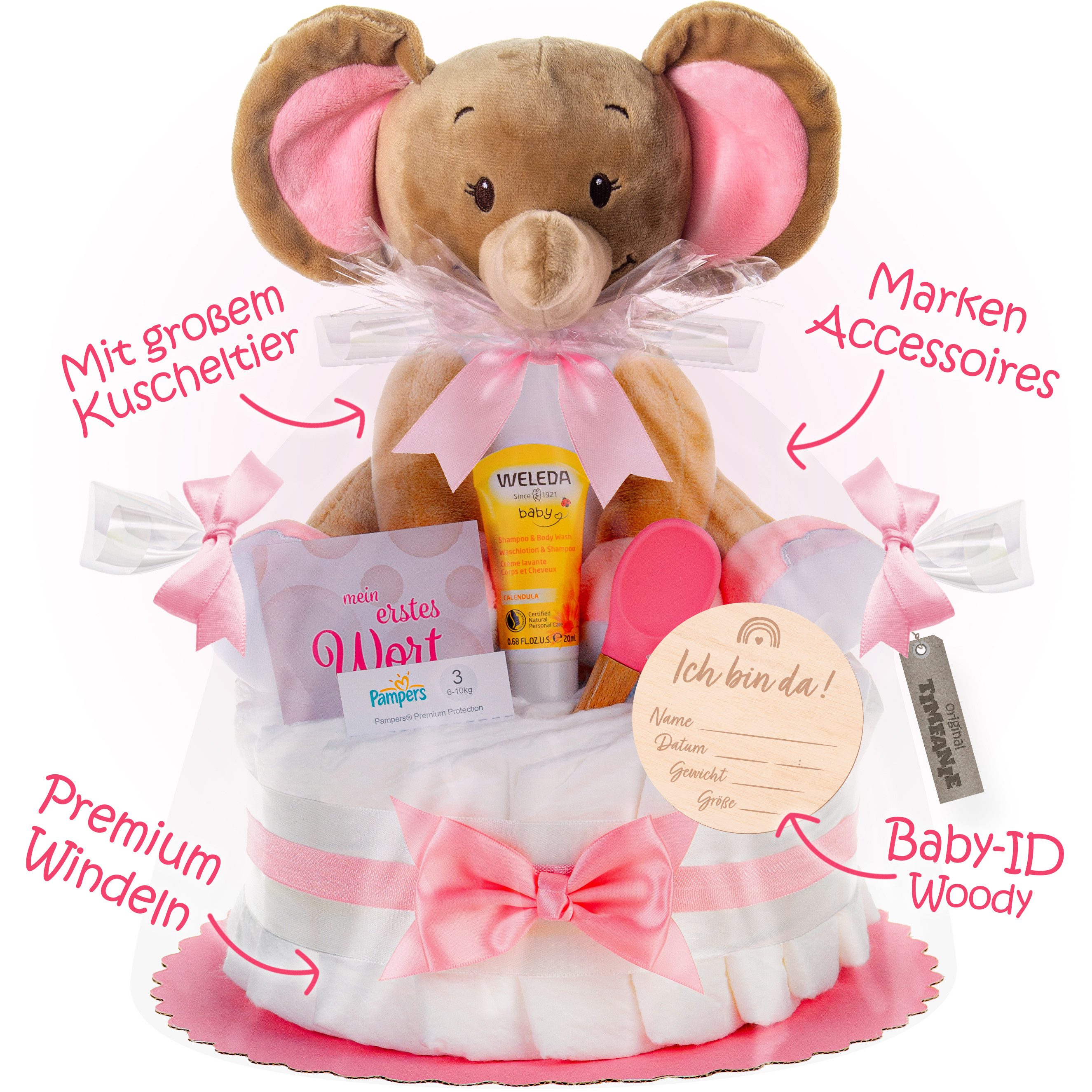 Timfanie Windeln Windeltorte, Kuschel Elefant, rosa, 0-8 Monate (Handgefertigtes Geschenk - In Folie gehüllt, mit Schleifen verziert, 28-St., 20x Pampers Premium, 1 Marken-Kuscheltier, wertige Accessoires), Das Perfekte Geschenk zur Geburt oder Babyparty.