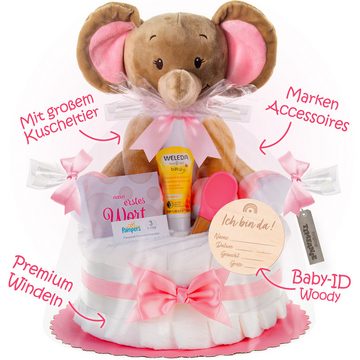 Timfanie Neugeborenen-Geschenkset Windeltorte, Kuschel Elefant, rosa, 0-8 Monate (rosa, 28-tlg., mit Grußkarte) Einzelanfertigung
