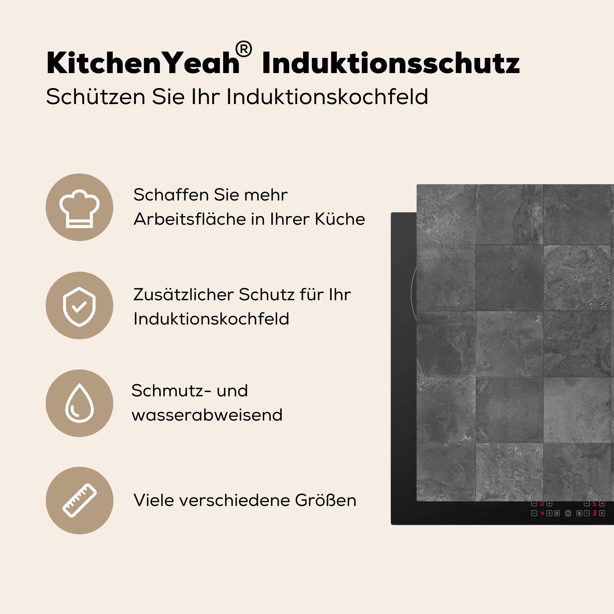 tlg), die cm, MuchoWow Textur küche, für Vinyl, 81x52 Grau, Fliesen - - Schutz (1 Herdblende-/Abdeckplatte Ceranfeldabdeckung Induktionskochfeld