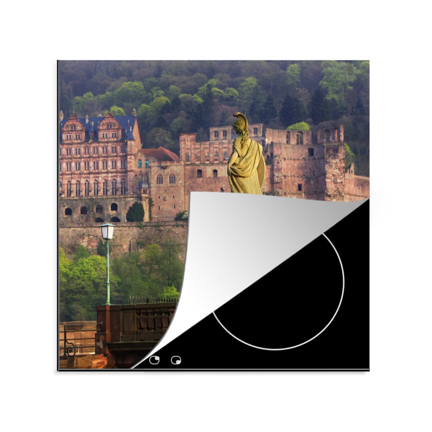MuchoWow Herdblende-/Abdeckplatte Marienstatue vor dem Heidelberger Schloss, Vinyl, (1 tlg), 78x78 cm, Ceranfeldabdeckung, Arbeitsplatte für küche