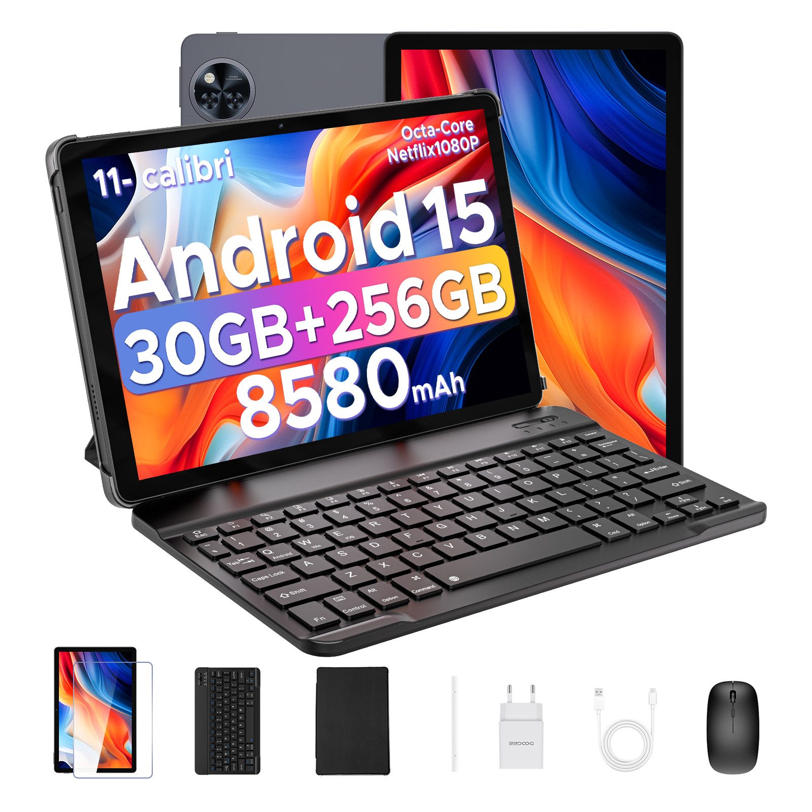 U11 Pro Android 15 Tablet mit Tastatur, Stift, Maus, Hülle, 11 Zoll Tablet