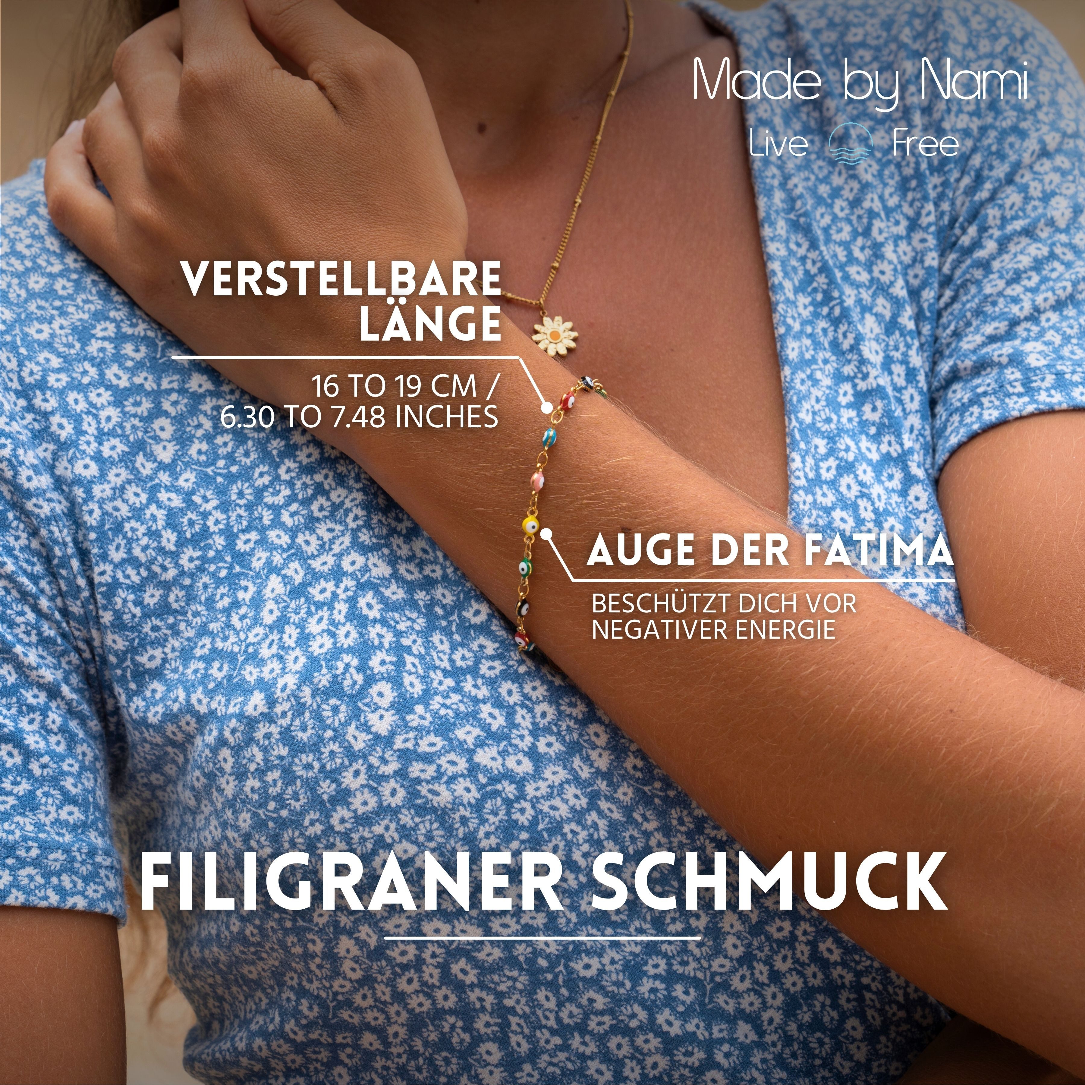 Made by Nami Edelstahlarmband Gold mit Nazar Boncuk Anhängern Perlenarmband aus Chirurg. Edelstahl, 17 + 4 cm Hypoallergen Wasserfester Schmuck Gold Boho Schmuck Damen