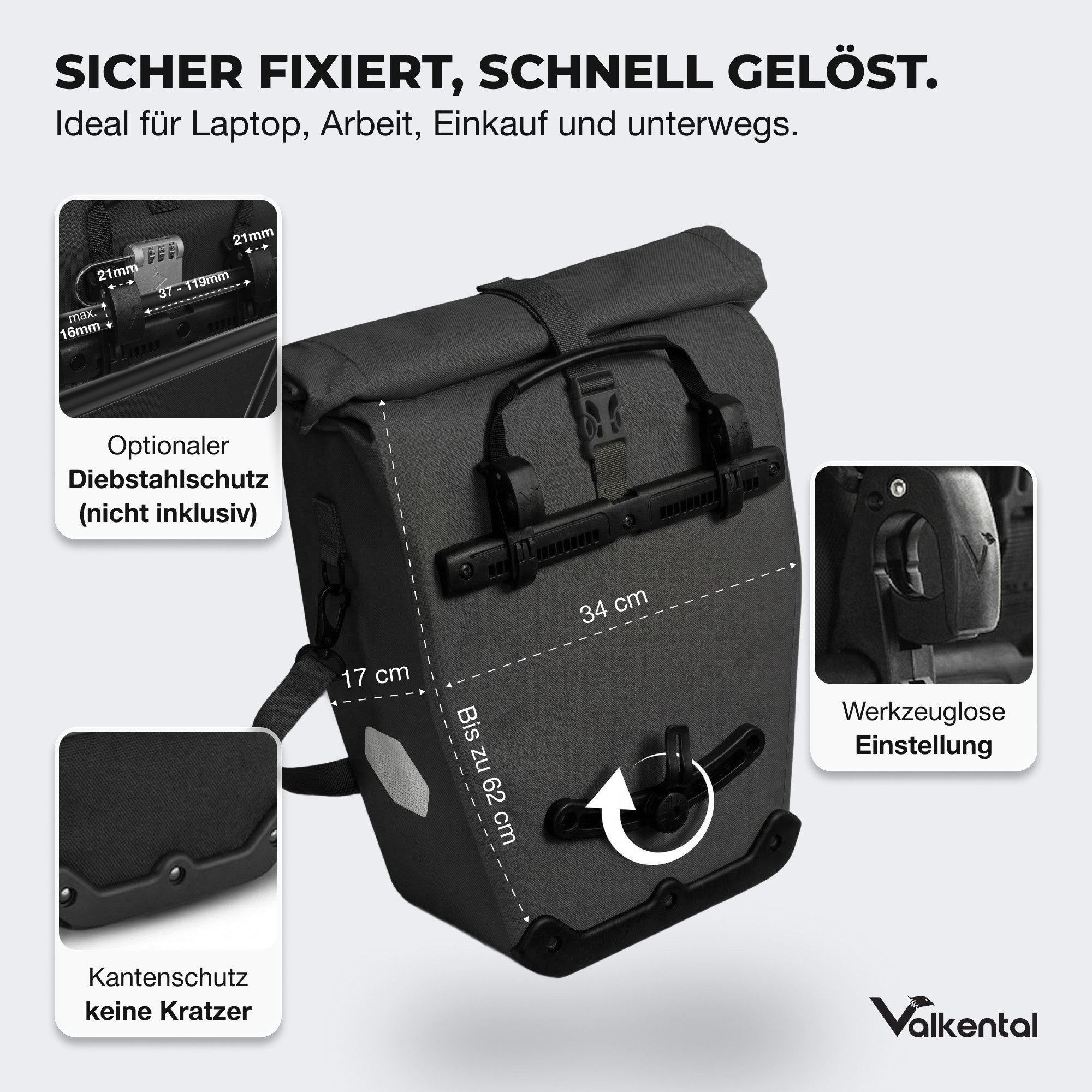 Valkental Fahrradtasche Gepäckträgertasche mit Umhängeschlauf, 2in1 wasserdicht, mit Rolltop Verschluss & Laptopfach 28L