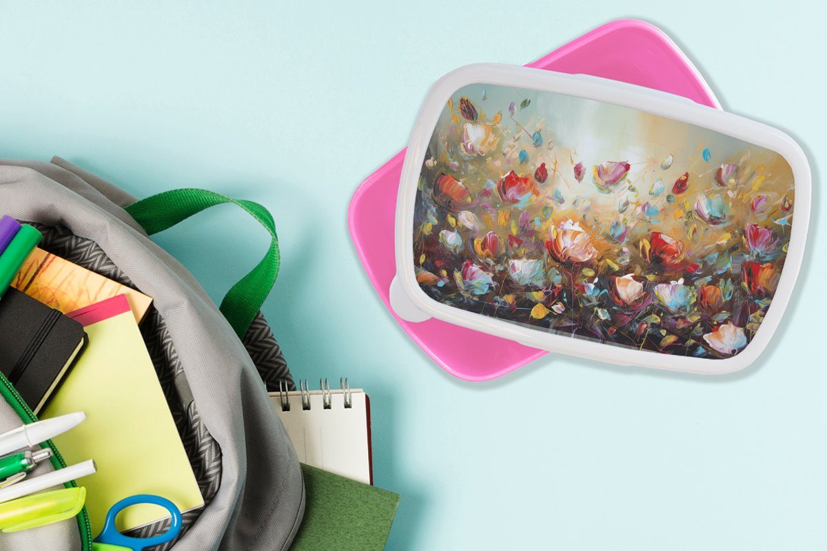 - Kunst rosa Ölgemälde, Mädchen, Brotdose Snackbox, - für Natur MuchoWow Brotbox Kunststoff - (2-tlg), Lunchbox Kinder, Erwachsene, Blumen Kunststoff,