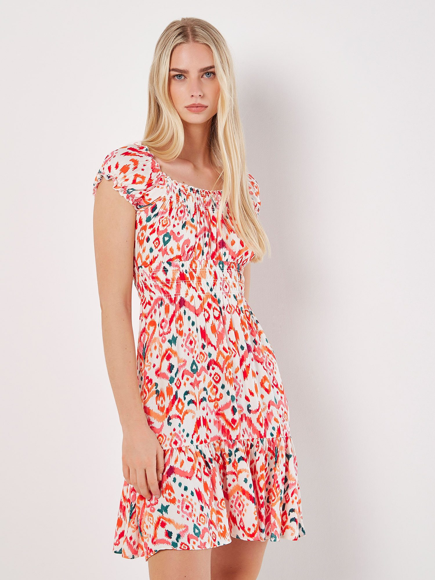 Apricot Druckkleid Smokkleid (1-tlg) mit Ikatmuster