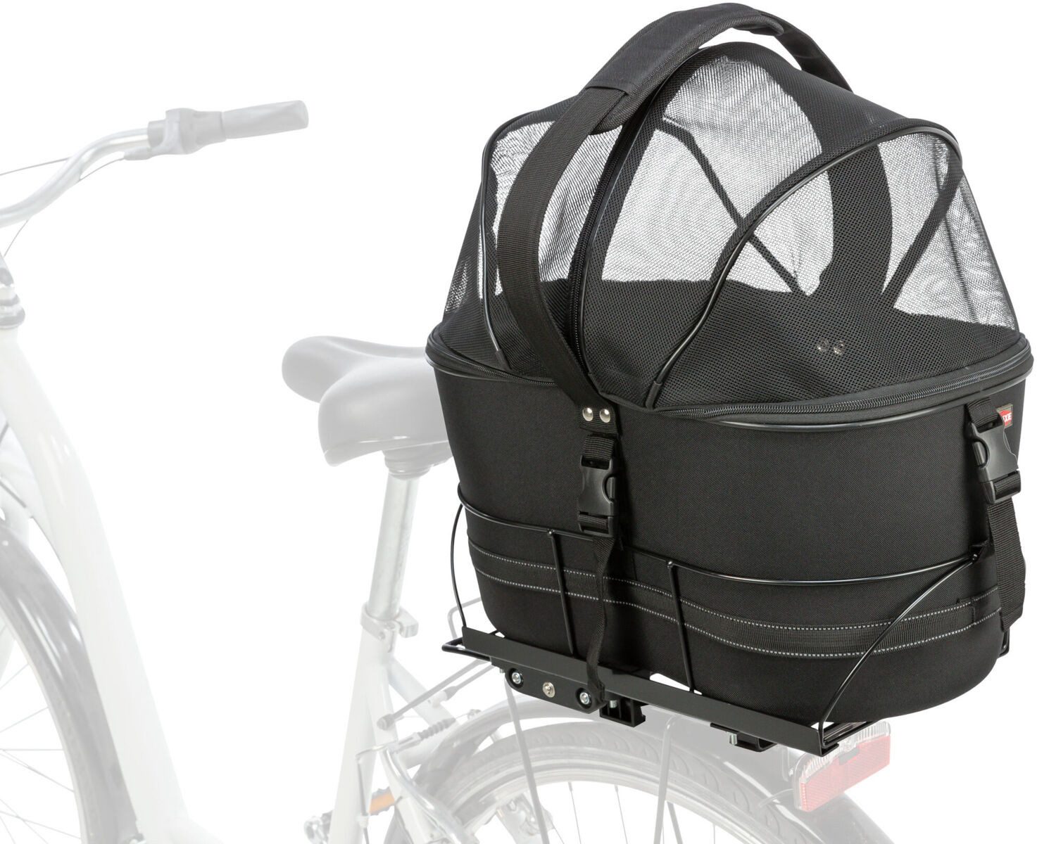 TRIXIE Tierfahrradkorb Hundefahrradkorb mit Netzhaube für Gepäckträger - schwarz - 29 × 42 ×