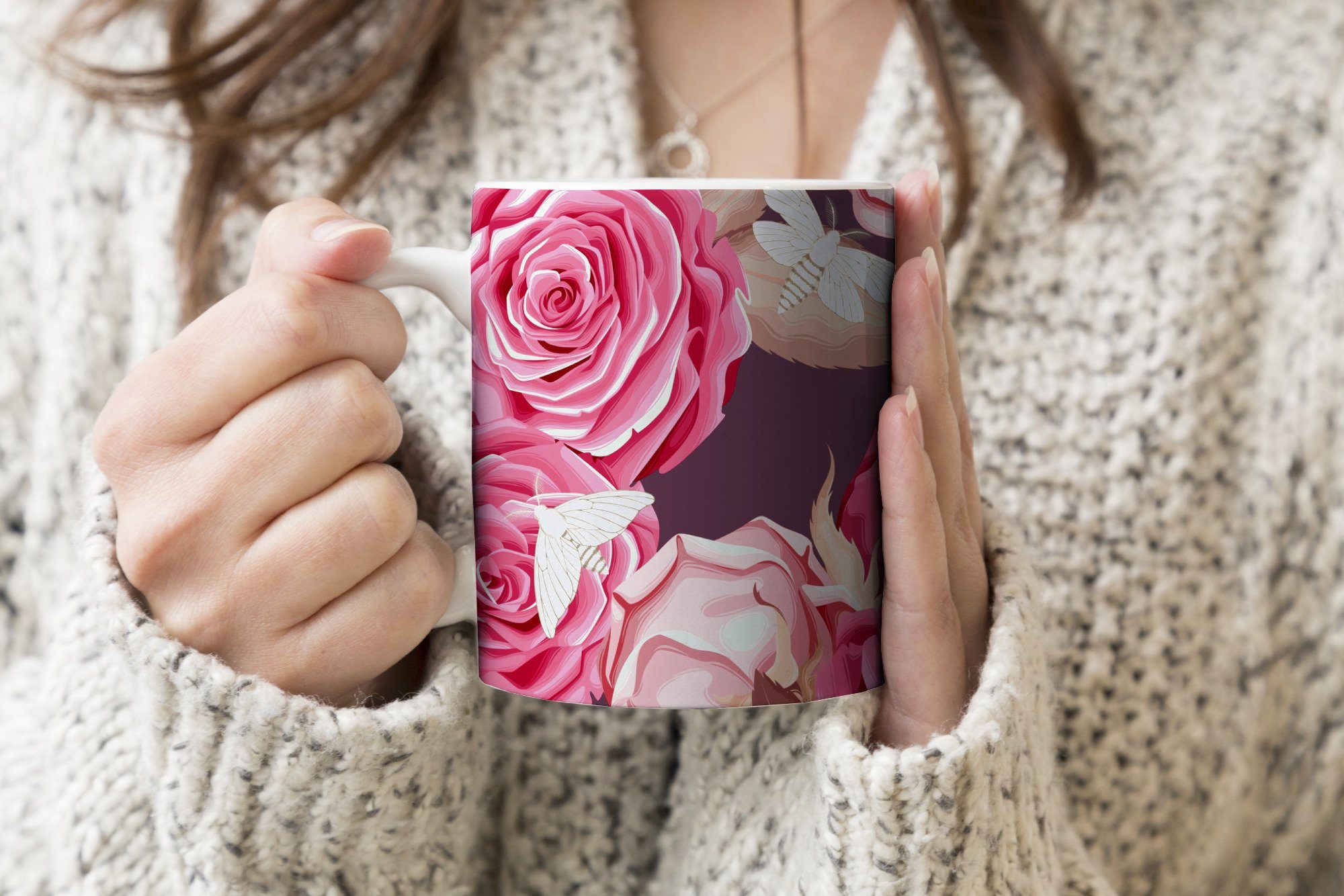 Keramik, MuchoWow - Geschenk Tasse Teetasse, Becher, Teetasse, - Schmetterlinge Rosen Kaffeetassen, Rosa,