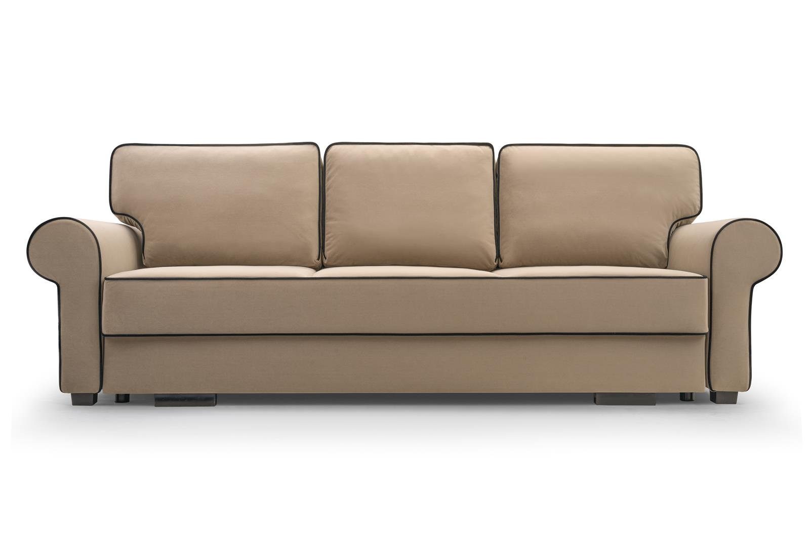 Beautysofa 3-Sitzer BELLO, in Hellbraun inklusive für Schlaffunktion + (mattvelvet Sofa Wohnzimmer, Veloursstoff, 09 99) aus Bettkasten, Dreisitzer Wellenfedern, Retro-Stil