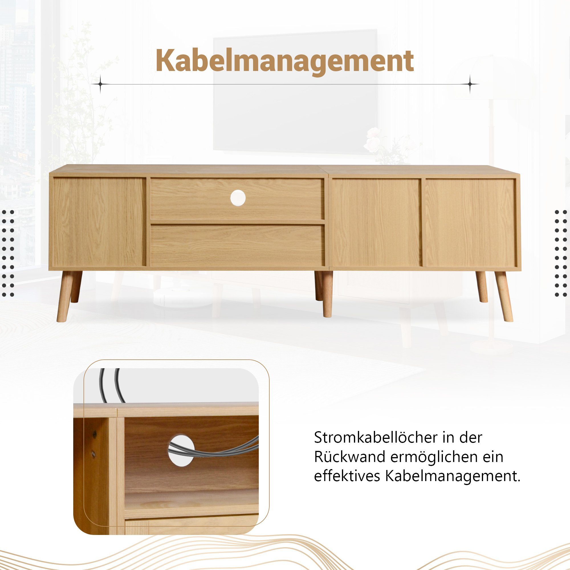 REDOM TV-Schrank TV-Schrank mit Rattantüren und offenen Regalen (für einen 80-Zoll-Fernseher, mit Kabelmanagement) 3 offenen Regalen