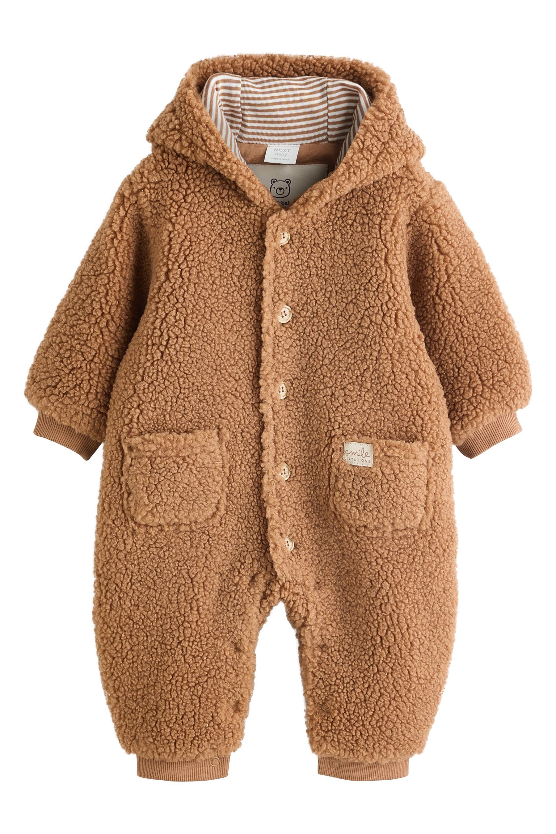 Plüschoverall Baby-Strampler mit Kapuze aus Borg