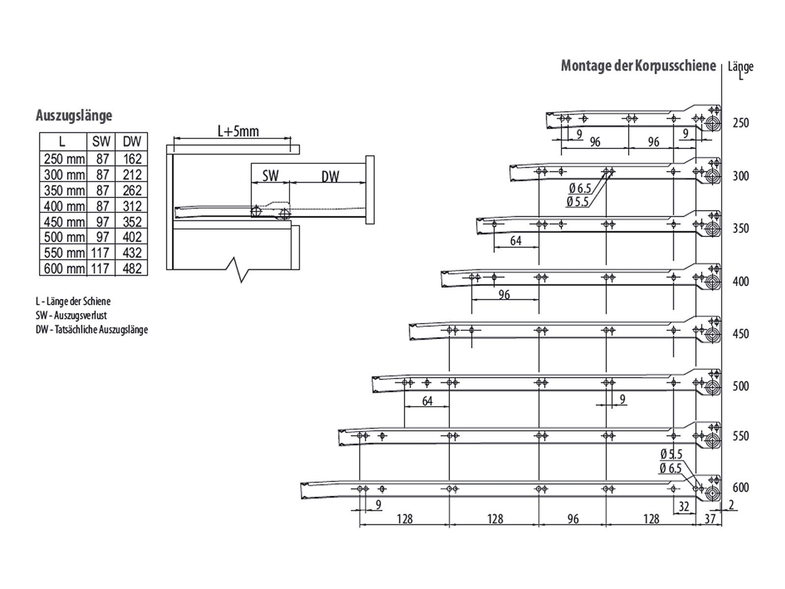 SO-TECH® Auszug Teilauszug Tragkraft 30 kg Längen 250 - 600 mm weiß