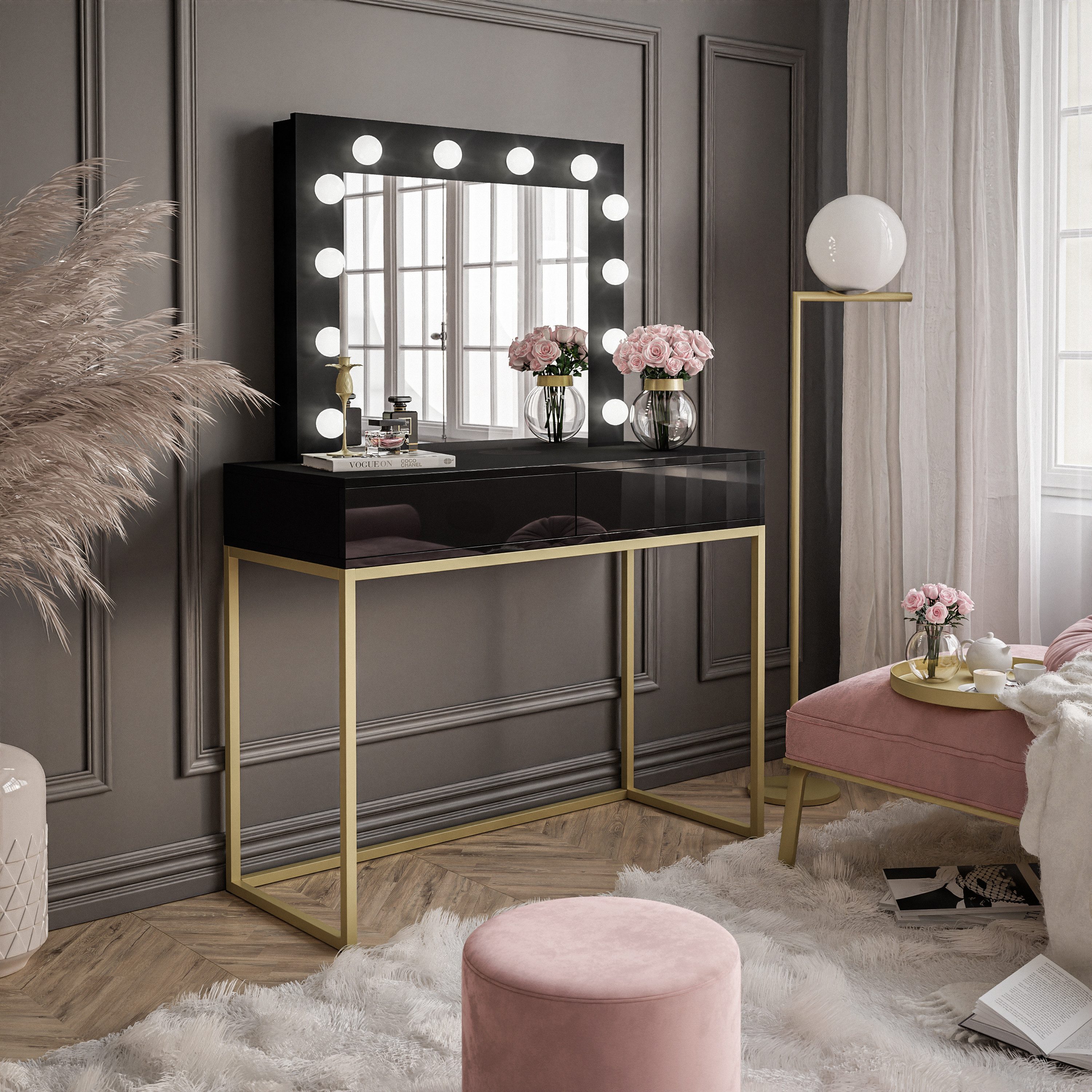 Lookway Schminktisch BLANCO GOLD mit Spiegel und LED-Beleuchtung, 100 cm