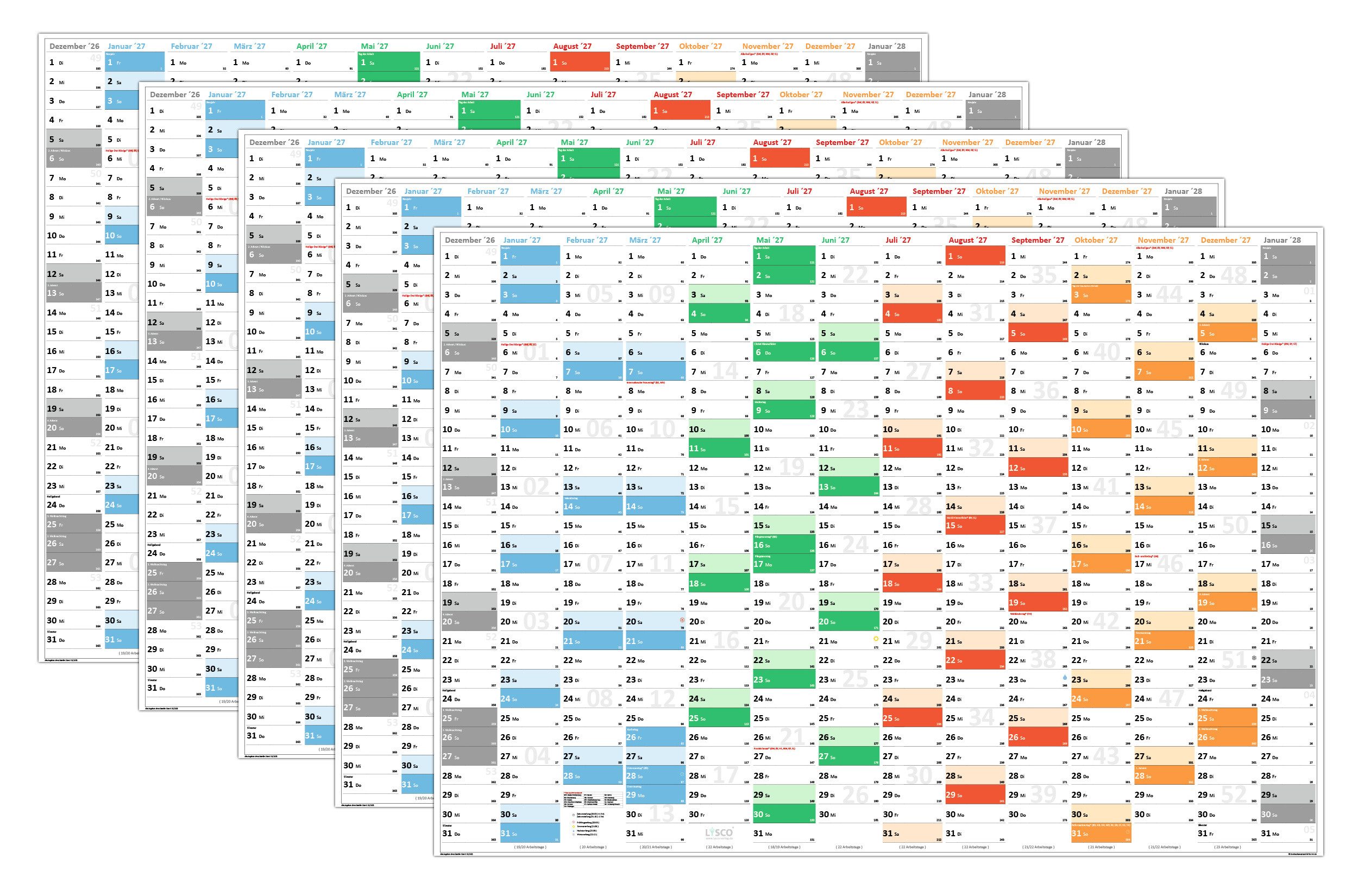 LYSCO Wandkalender Rainbow Premium Classic2 Wandplaner 2027 (gerollt), erhältlich in den Formaten DIN A2, DIN A1 und DIN A0, Rainbow Kalender Terminkalender Bürokalender Jahreskalender