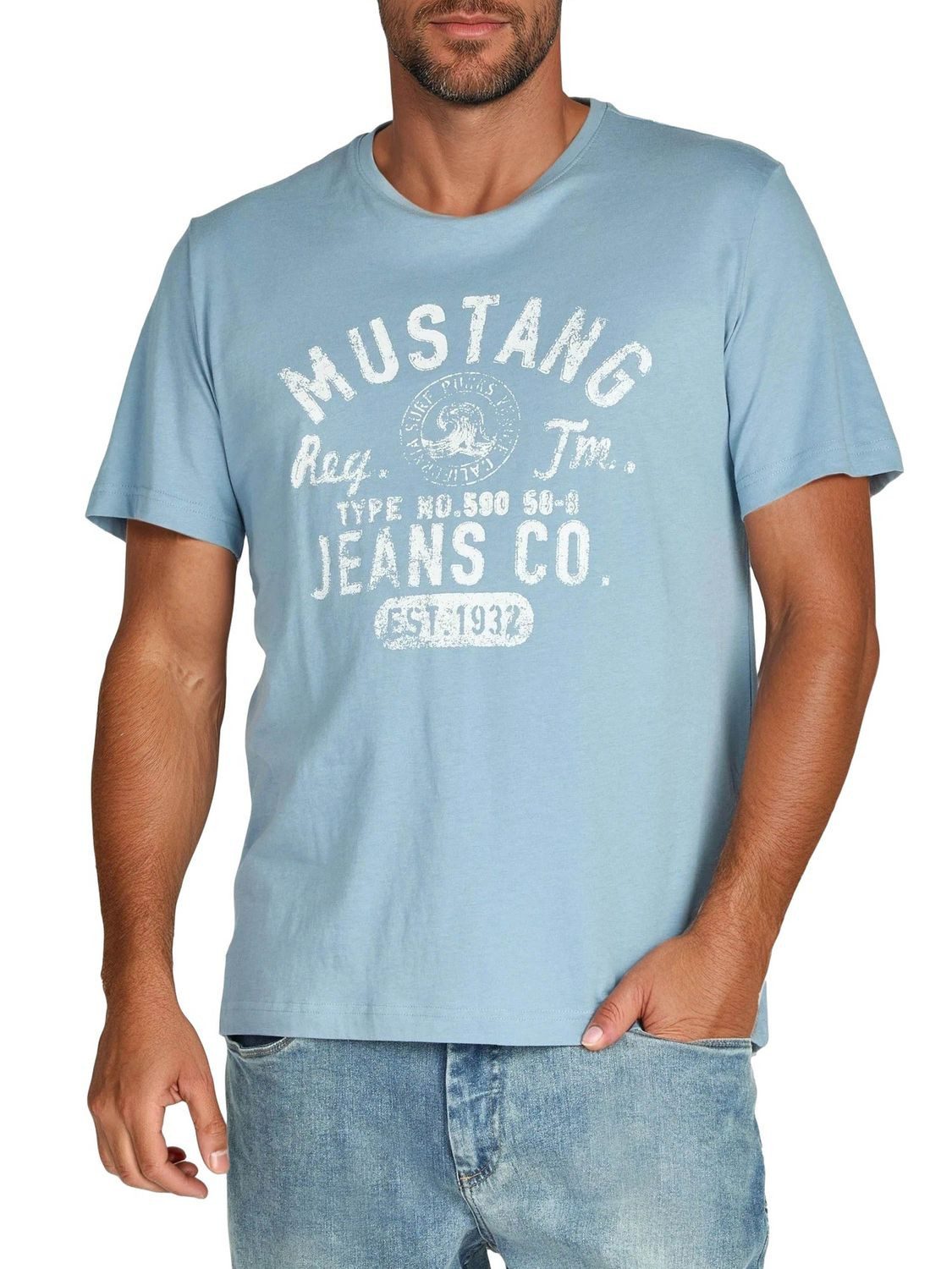 MUSTANG T-Shirt Herren Printshirt Regular Fit (1-tlg) Kurzarm Tee Shirt mit Rundhalsausschnitt aus 100% Baumwolle