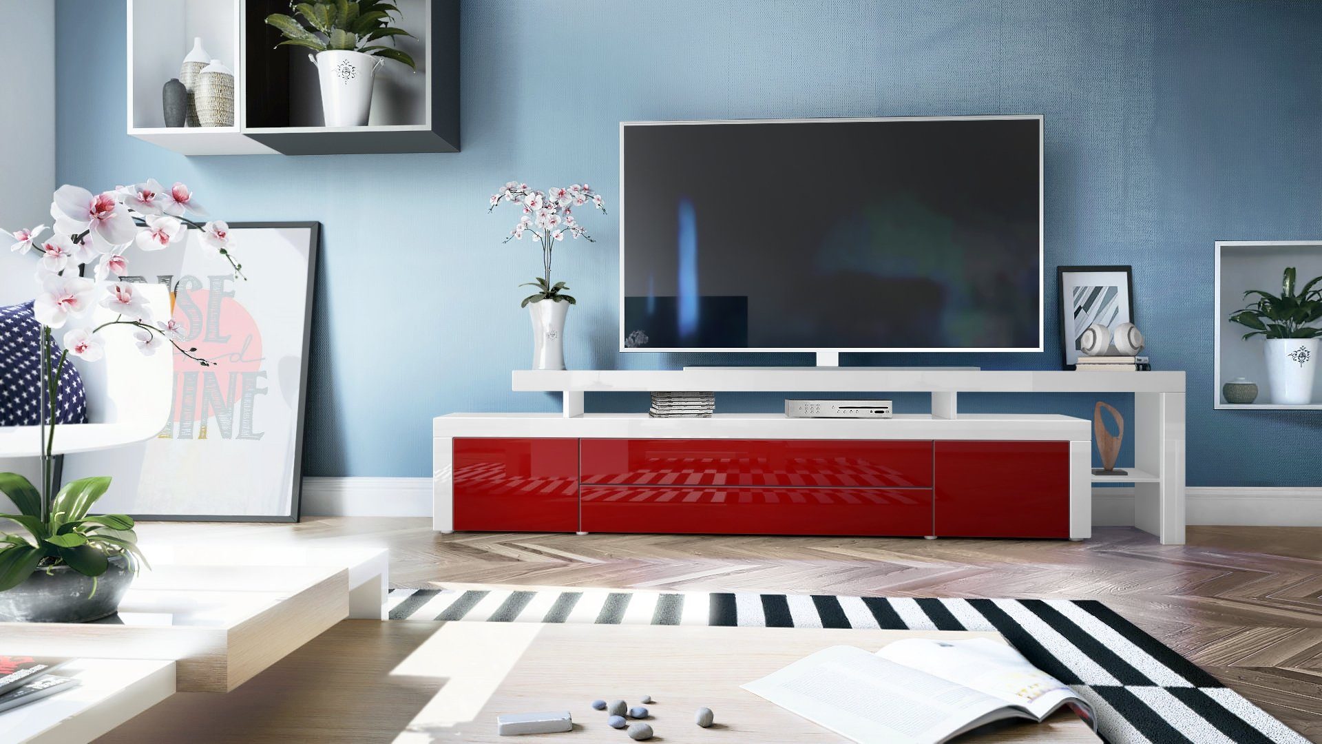 Vladon Lowboard Leon (TV-Kommode, mit zwei Türen, zwei Schubkästen und einem modernen Überbau), Bordeaux Hochglanz/Weiß Hochglanz (227 x 52 x 35 cm)