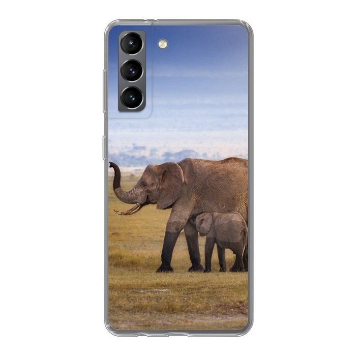 MuchoWow Handyhülle Nasse Pfoten eines Elefantenbabys und seiner Mutter Phone Case Handyhülle Samsung Galaxy S21 Silikon Schutzhülle