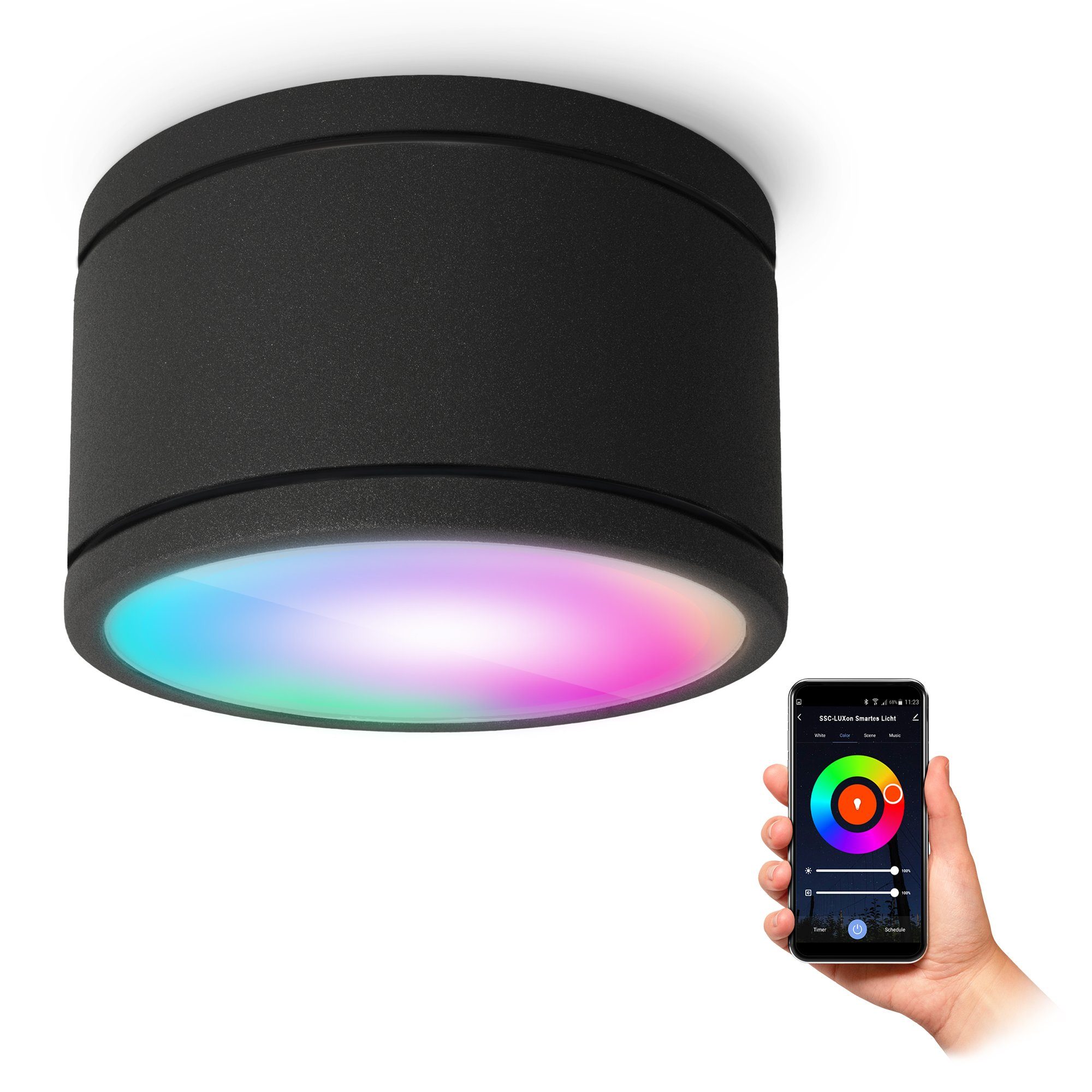 Smart rund LED, RGB IP44 Bad schwarz flach mit CELI-WX WLAN Aufbauspot Aufbauleuchte SSC-LUXon