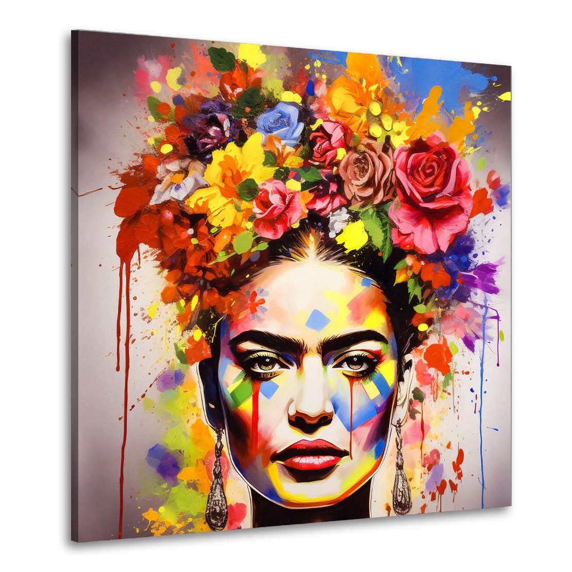 Artedinoi Leinwandbild Frida buntes Portrait mit Blumen Pop Art Leinwandbild Wandbild Wanddek