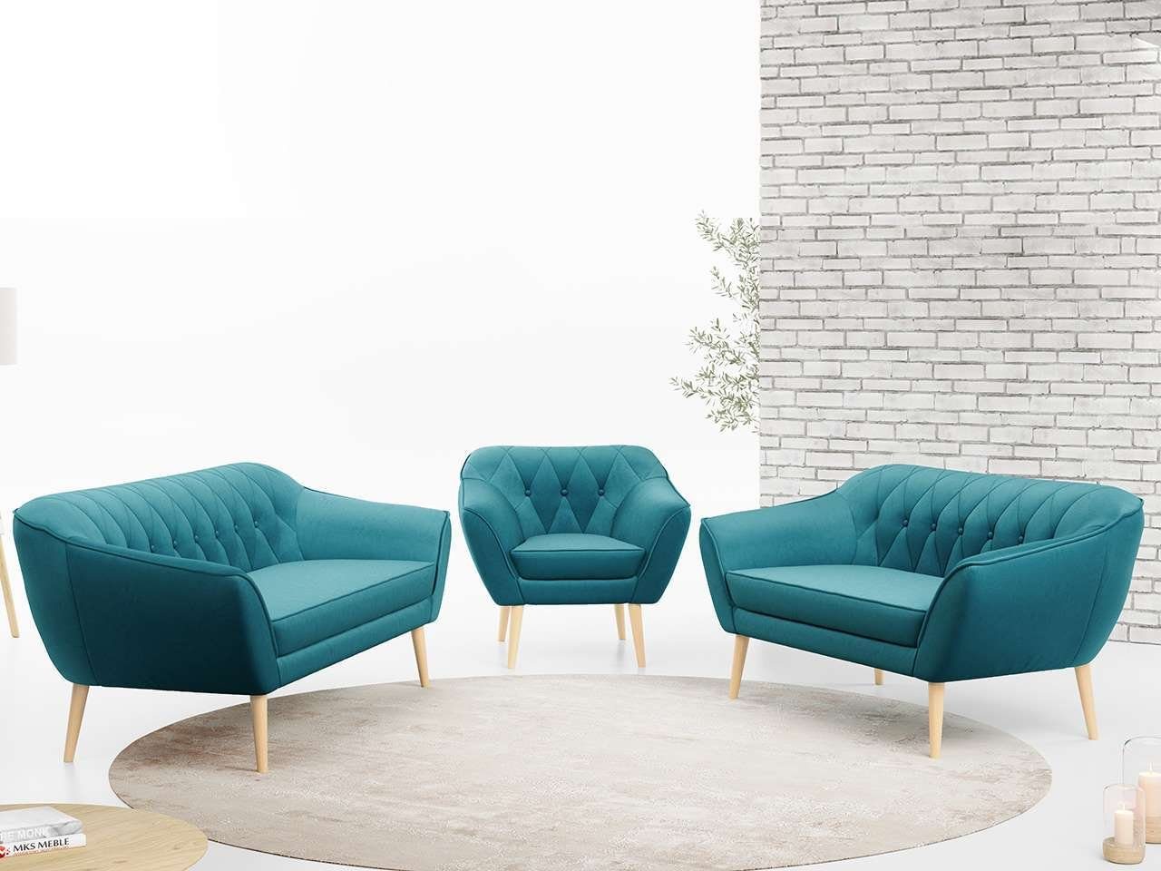 Casablanca 1, Sofa 3 Moderne PIRS MÖBEL Deko Sofa Skandinavische Set, 2 Türkis MKS