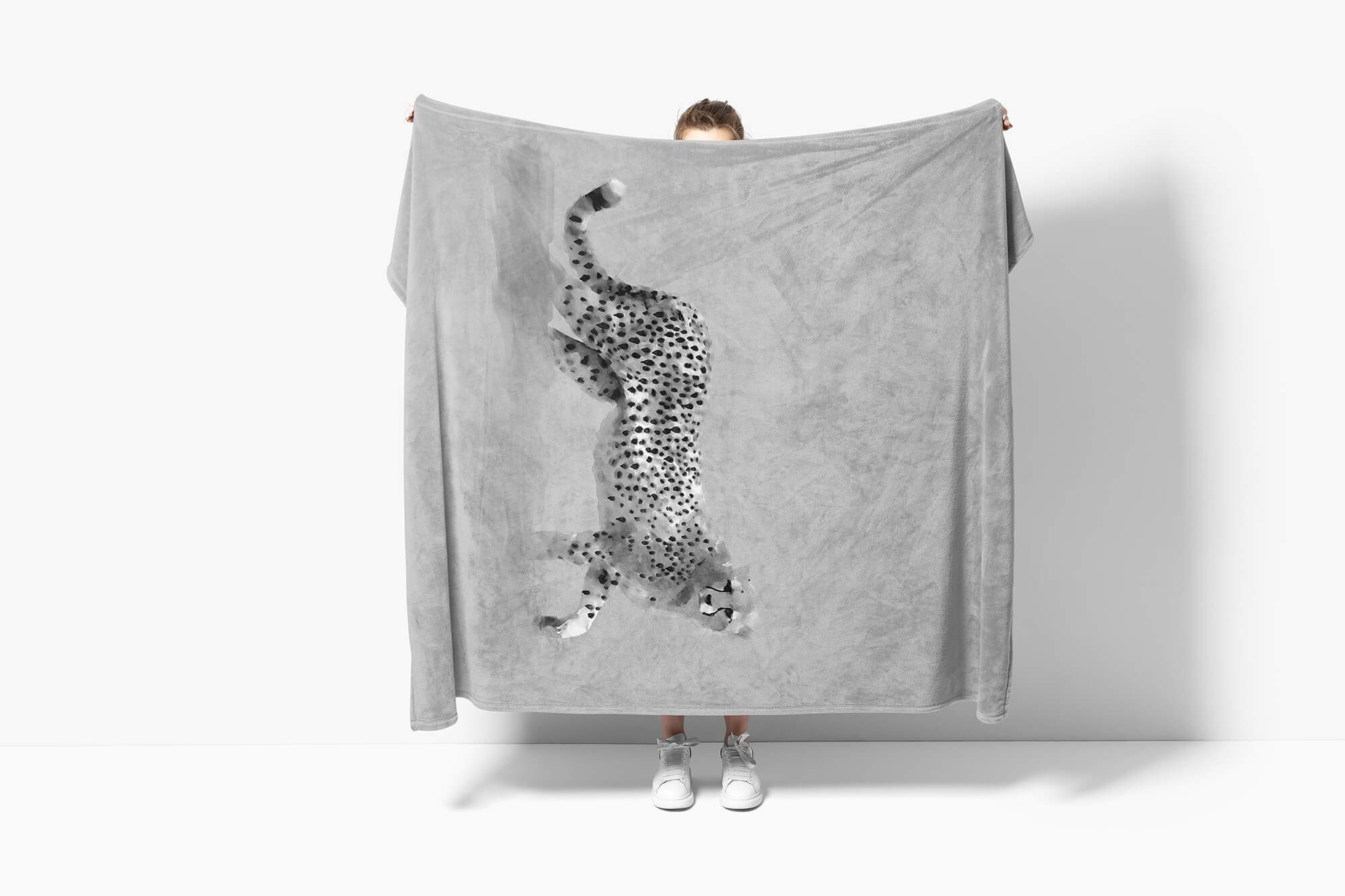 Sinus Art Handtuch Saunatuch (1-St), Grau Baumwolle-Polyester-Mix Handtuch Motiv Handtücher Gepard Kunstvoll, Strandhandtuch Kuscheldecke