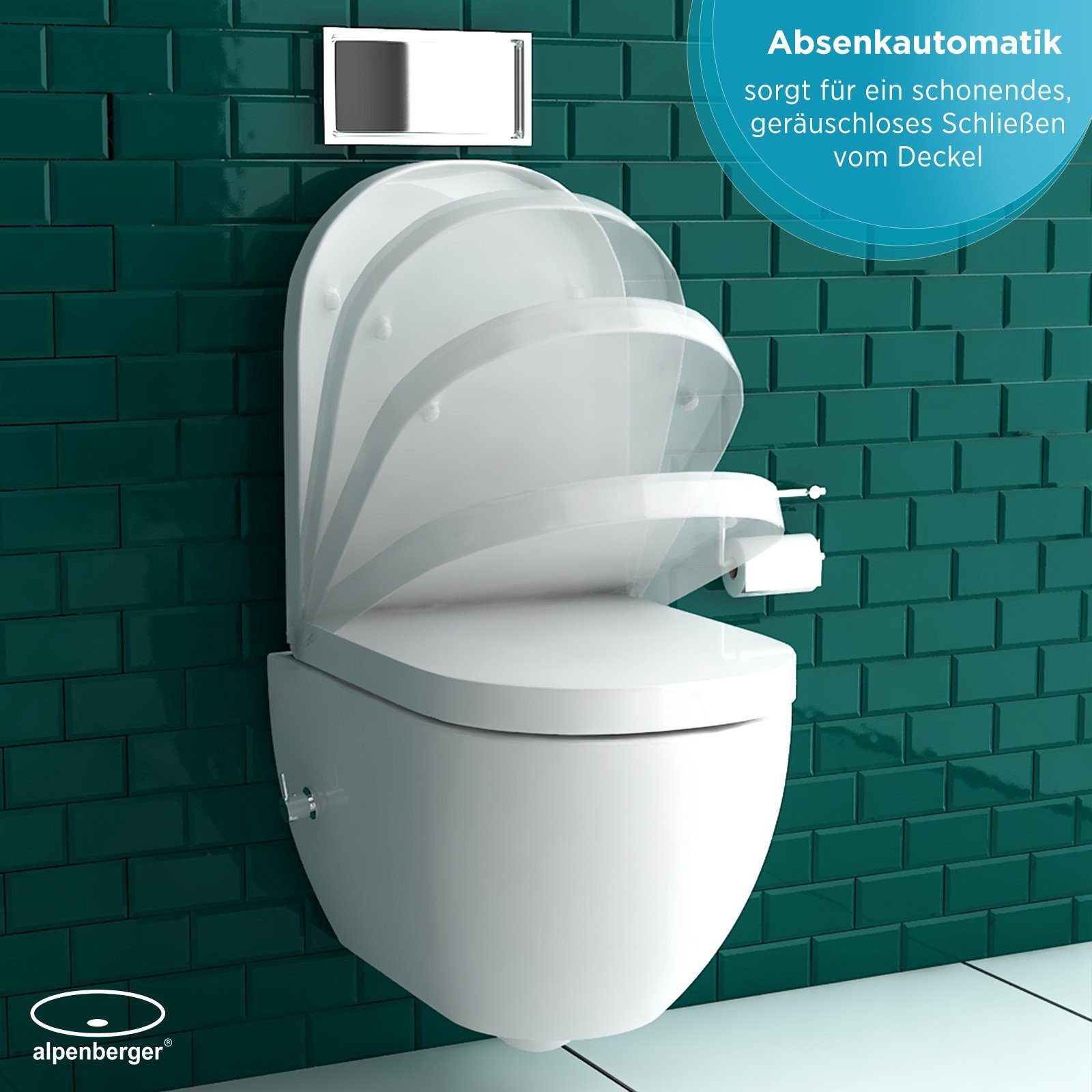 Alpenberger Dusch-WC Set - Hänge WC mit Bidet Funktion und integrierter Armatur, Wandmontage, Abgang Waagerecht, Komplett Set Wand WC Spülrandlos, Toilette mit Nano und WC Deckel mit Absenkautomatik - Made in EU