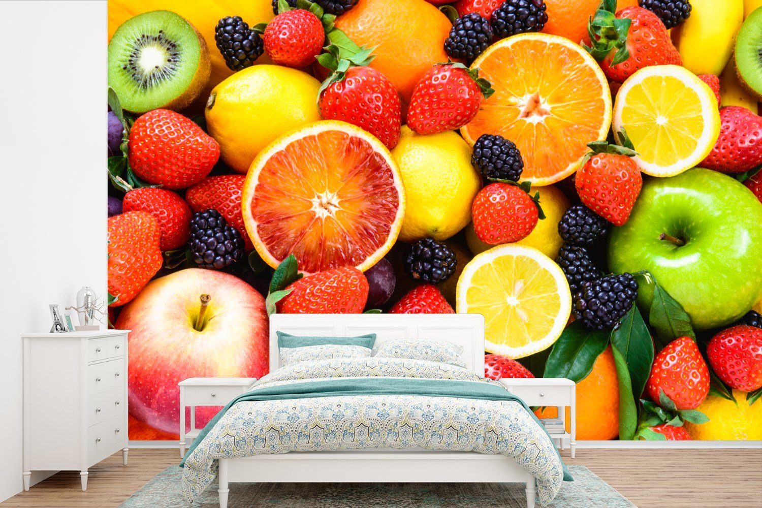 MuchoWow Fototapete Erdbeere - Zitrone - Obst, Matt, bedruckt, (6 St), Wallpaper für Wohnzimmer, Schlafzimmer, Kinderzimmer, Vinyl Tapete