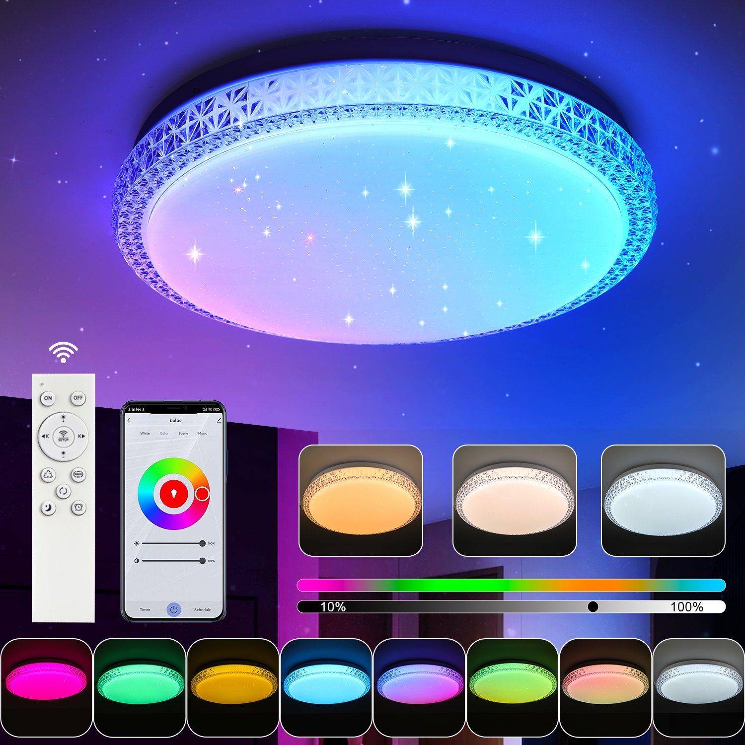 oyajia LED Deckenleuchte 36W Kristall LED Deckenlampe, RGB Deckenleuchte Sternenhimmel Lampen, mit WIFI+Fernbedienung, LED fest integriert, RGB+Warmweiß & Neutralweiß & Kaltweiß, Dimmbar mit Fernbedienung oder APP-Steuerung,für Wohnzimmer Küche