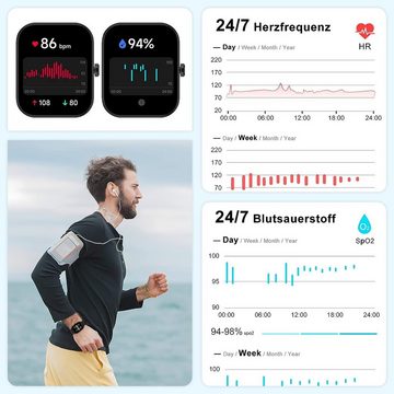 IOWODO Smartwatch (1,85 Zoll, Android iOS), Herren Touch Farbdisplay mit Bluetooth Anrufe Pulsschlag Schrittzähler