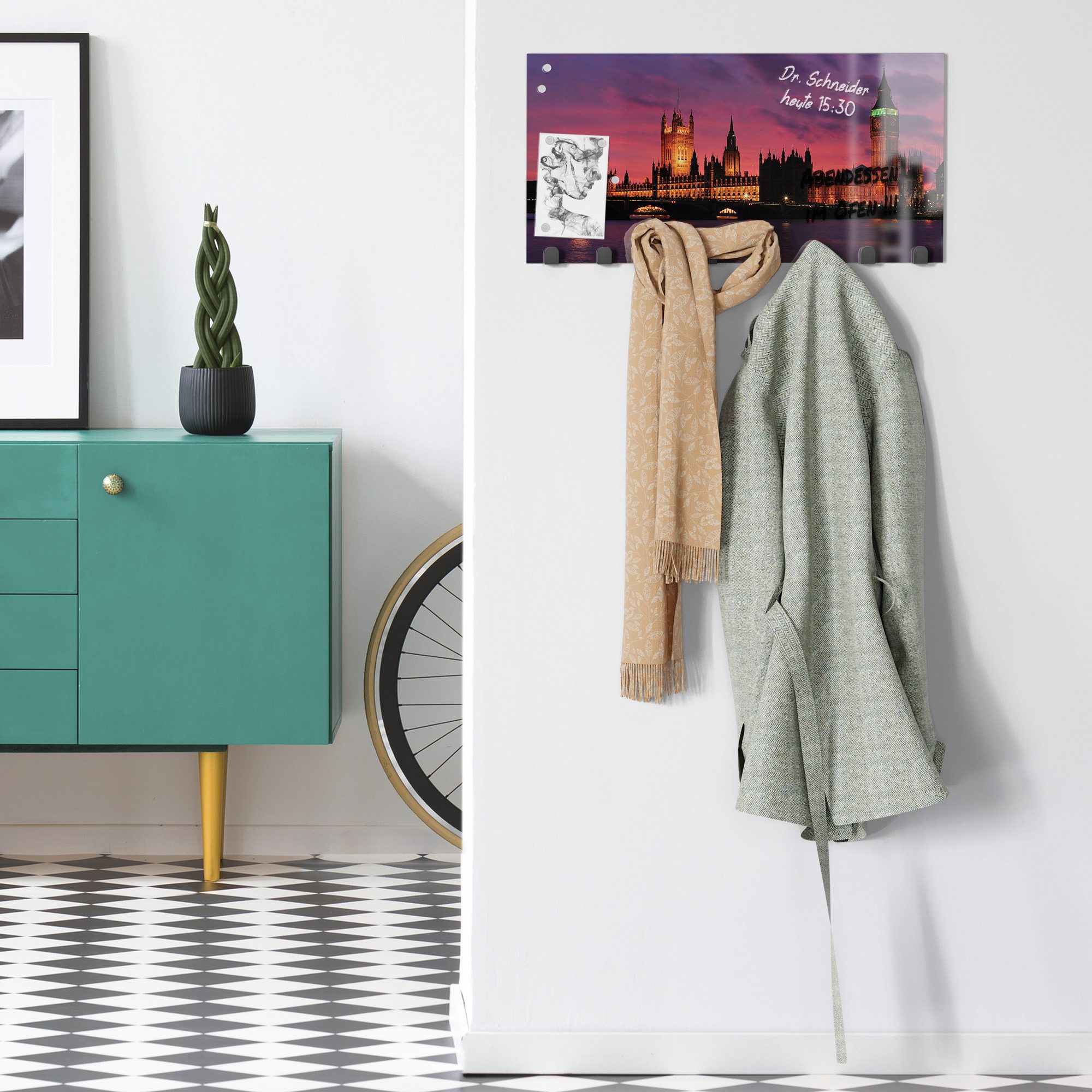 DEQORI Kleiderhaken 'London im Abendrot', Glas Garderobe Paneel magnetisch beschreibbar
