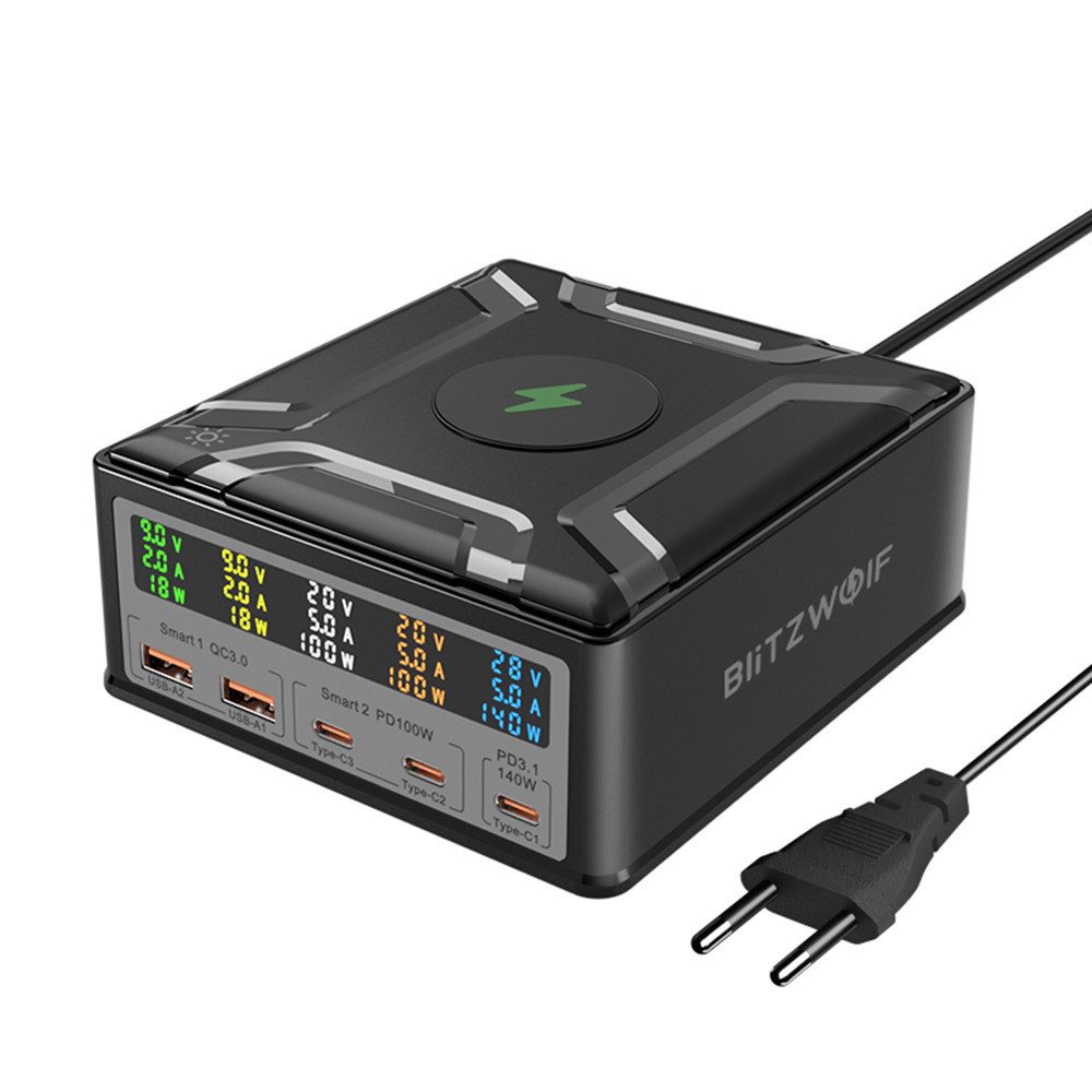 BLiTZWOLF BW-S28 Ladestation (1-tlg., Multifunktionale 260W Ladestation mit USB-C, USB-A & Wireless Charger)