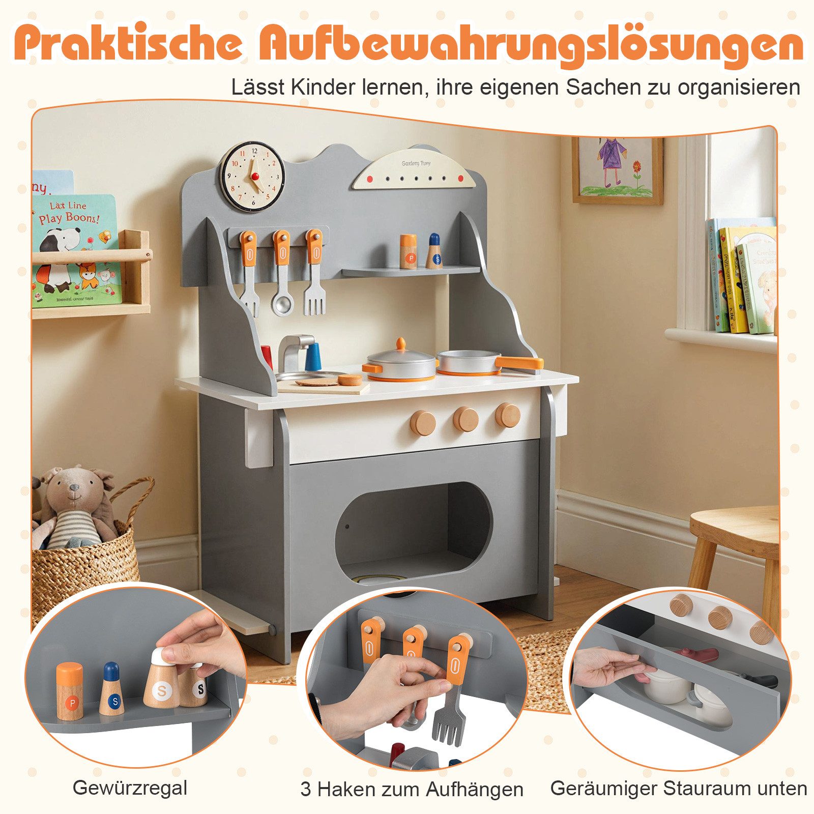 COSTWAY Spielküche MDF, Massivholz, Edelstahl, Mit Uhr, Herd, Gewürzregal, Wasserhahn, Spüle & Ofen