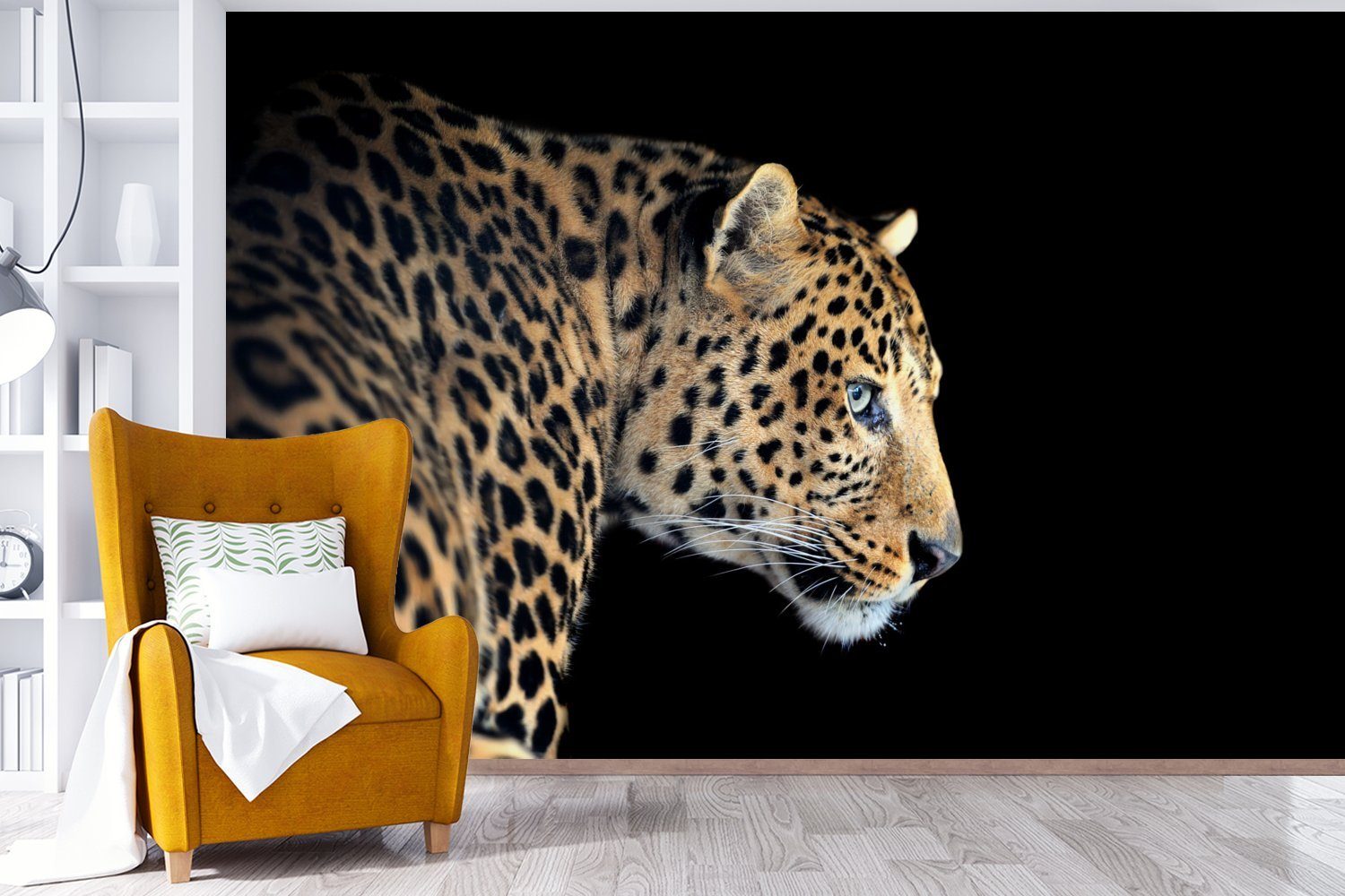 MuchoWow Fototapete Leopard bedruckt, für (6 - Wohnzimmer, - Vinyl Schlafzimmer, Kinderzimmer, Wallpaper Schwarz, Profil Matt, St), Tapete