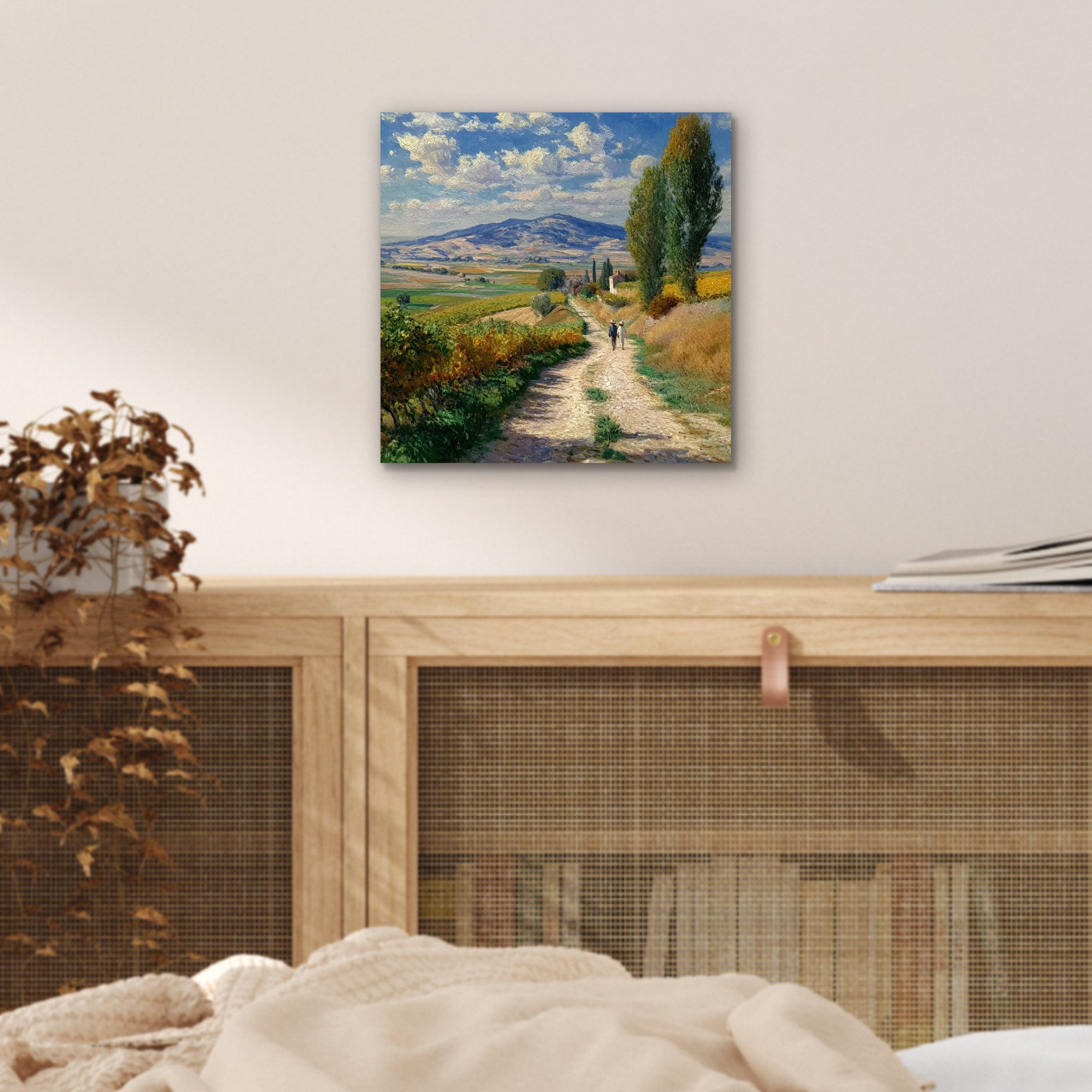 MuchoWow Metallbild Menschen - Wandern - Sandweg - Felder, Inkl. Aufhängung, Alu-Dibond-Druck, Wandbild aus Metall, Aluminium deko, 20x20 cm