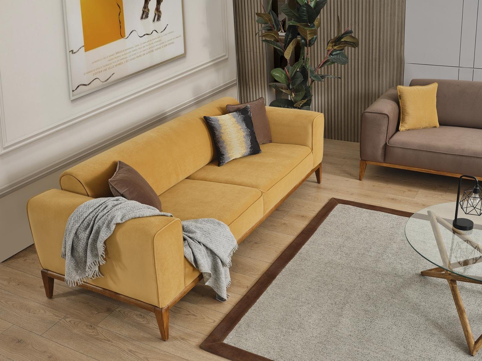 Gelb Sessel Stoff Sofa Sitzer Sofa Komplette in JVmoebel Teile, Made 3 Sofagarnitur Europa Set 431 3tlg,
