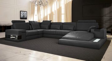 BULLHOFF Wohnlandschaft Leder Wohnlandschaft XXL Sofa U-Form Couch Grün LED Designsofa HAMBURG