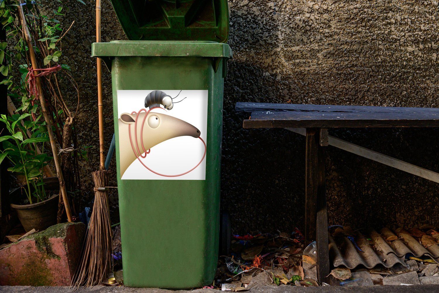 MuchoWow Wandsticker Eine Mülleimer-aufkleber, Abfalbehälter Kopfes Container, des mit Ameise eines Mülltonne, (1 Ameisenbären Illustration einer St), Sticker
