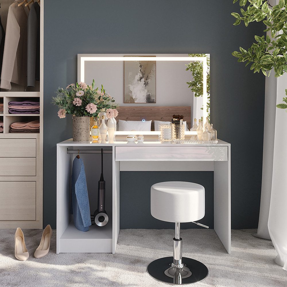 Vicco Schminktisch Sherry, Weiß/Weiß Hochglanz/Weiß Hochglanz, 119.8 cm mit LED-Bel...